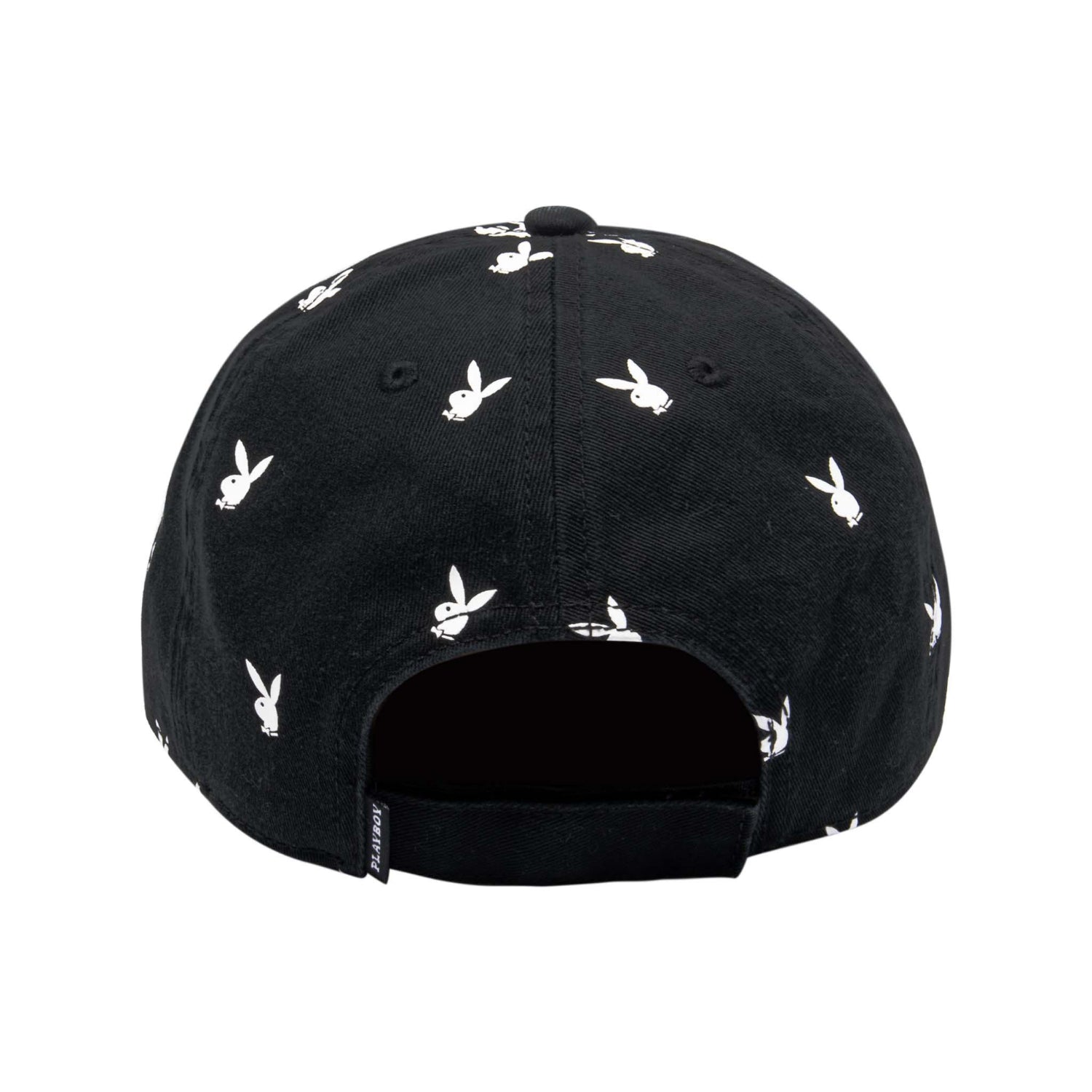 Black hat with white rabbit head pattern, adjustable back, streetwear accessory