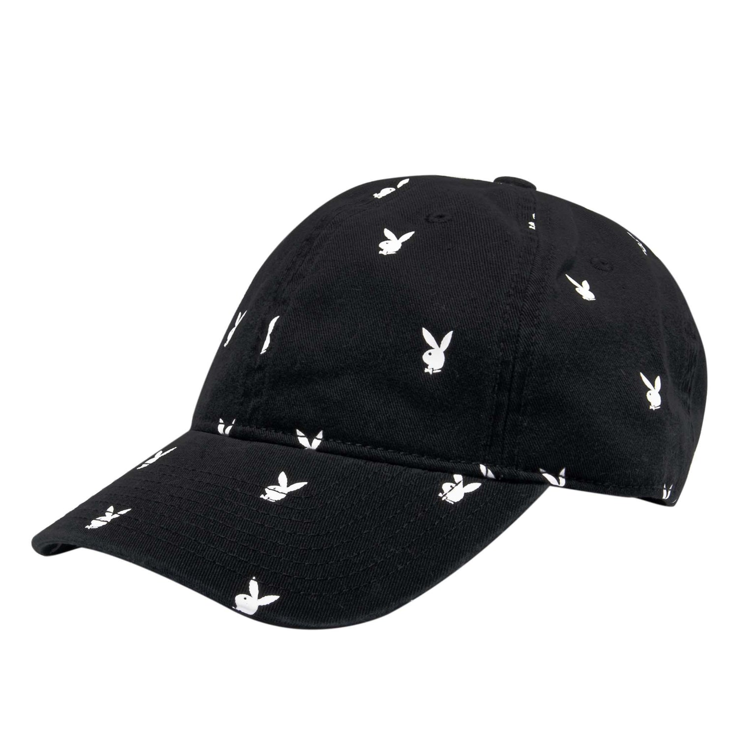 Black baseball cap with white rabbit head print pattern, adult casual streetwear accessory