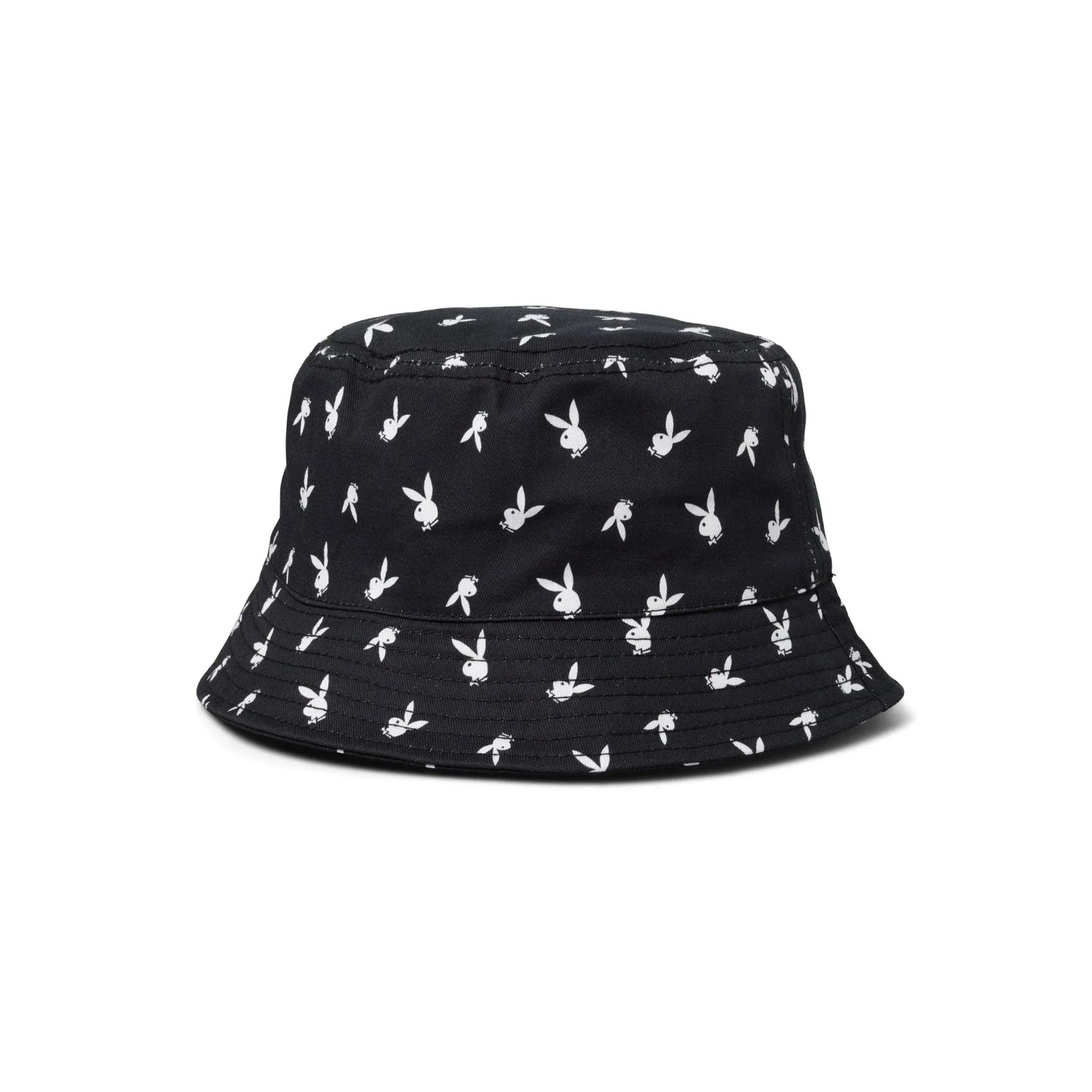 Black bucket hat with all-over white rabbit head print pattern, trendy streetwear accessory