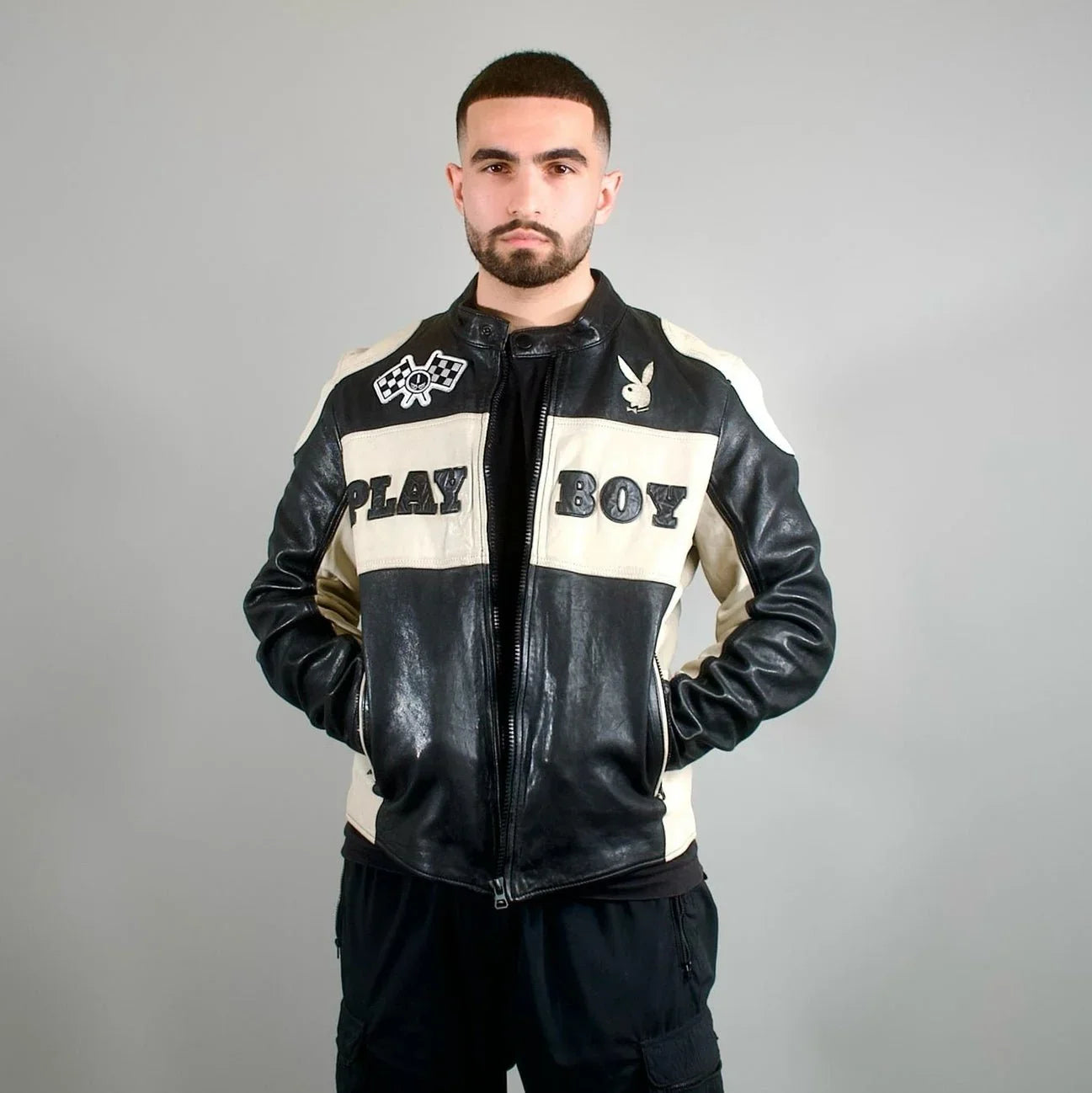 PLAYBOY プレイボーイ レザージャケット ウサギ刺繍 ロゴ入り Y2K Playboy Anderson Men's Leather Jacket