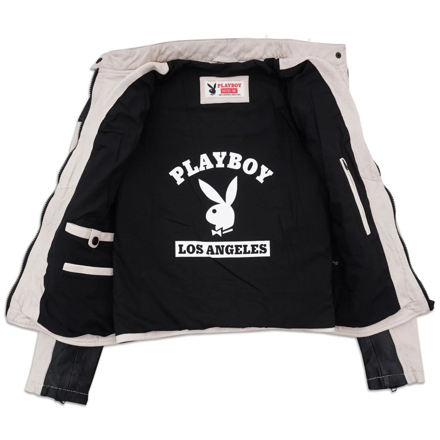 Women's beige and black leather jacket with inner Playboy Los Angeles logo lining