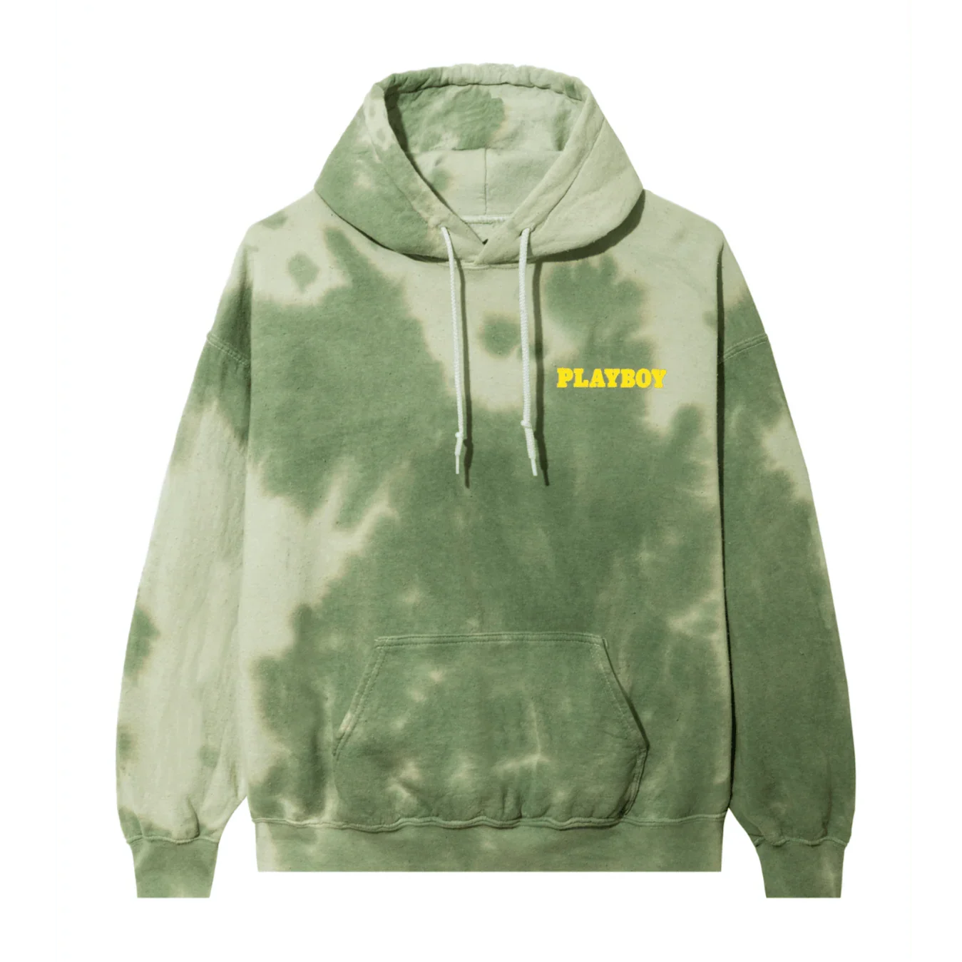 Green tie-dye hoodie with yellow PLAYBOY text and front pocket, lifestyle apparel