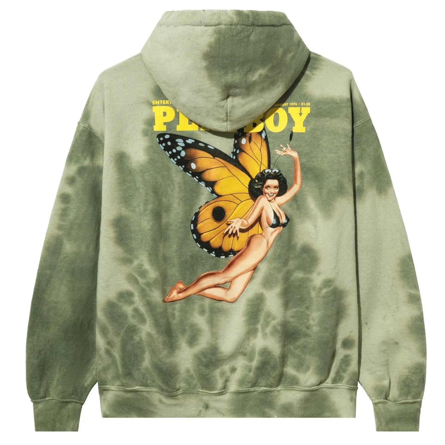 Green tie-dye hoodie with retro butterfly-wing pinup art and yellow magazine text on back