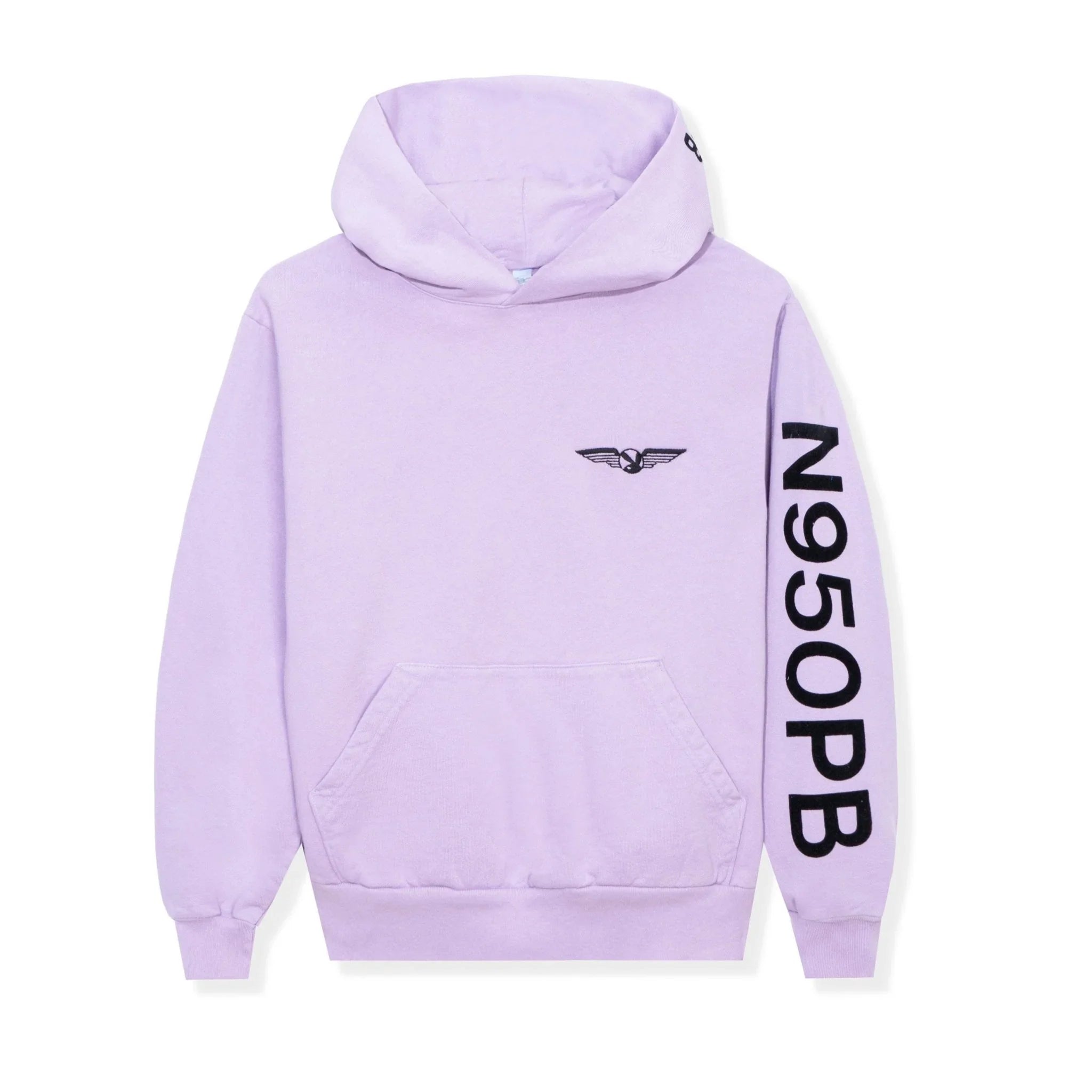 Lavender hoodie with black aviation wings logo and N950PB text down the right sleeve