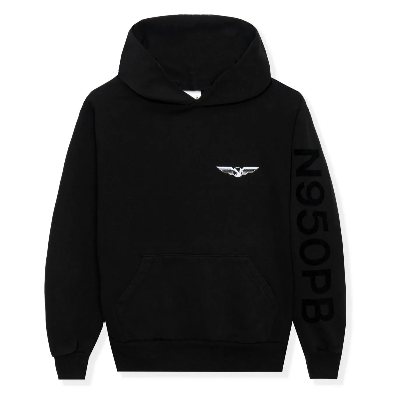Black hoodie with aviation wings logo and N950PB text on the sleeve, front view