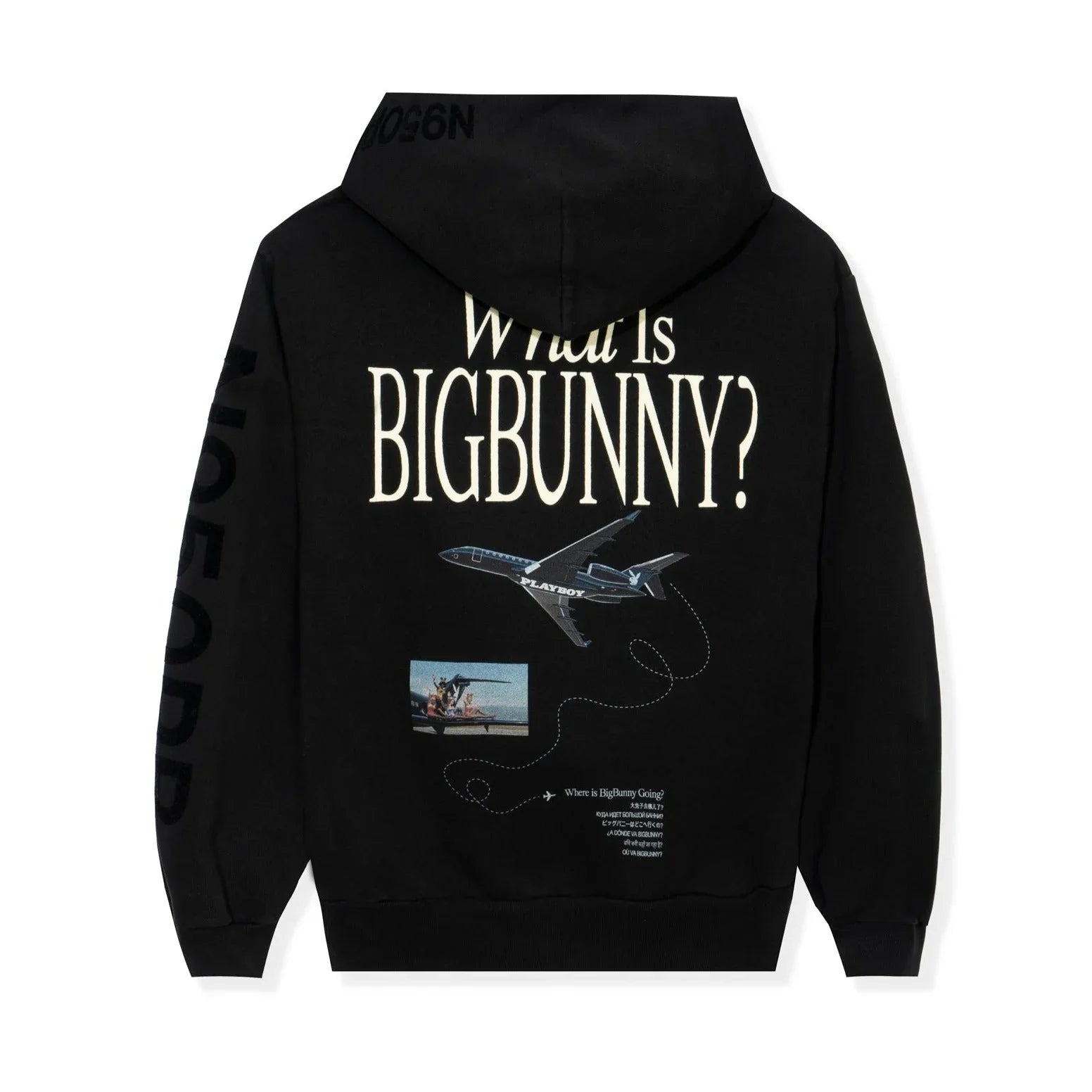 Black hoodie with 'What is BIGBUNNY?' text, airplane graphic, and sleeve lettering.
