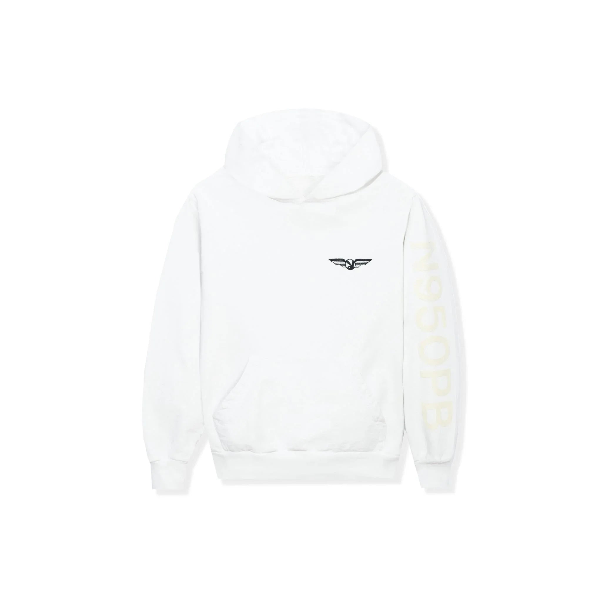 White hoodie with black aviation wings logo on chest and N950PB text on sleeve
