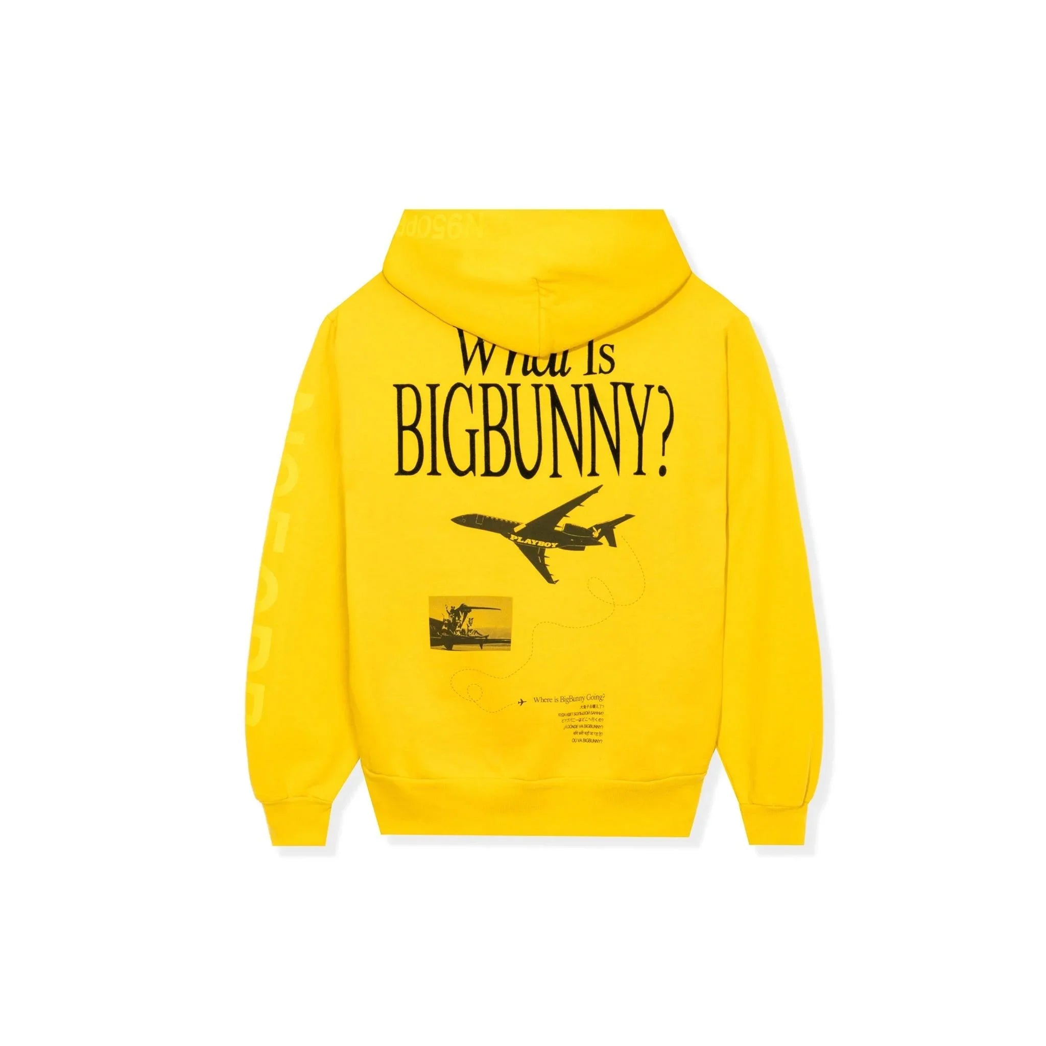 Yellow hoodie with airplane graphic and text 'What is Big Bunny?' printed on the back.