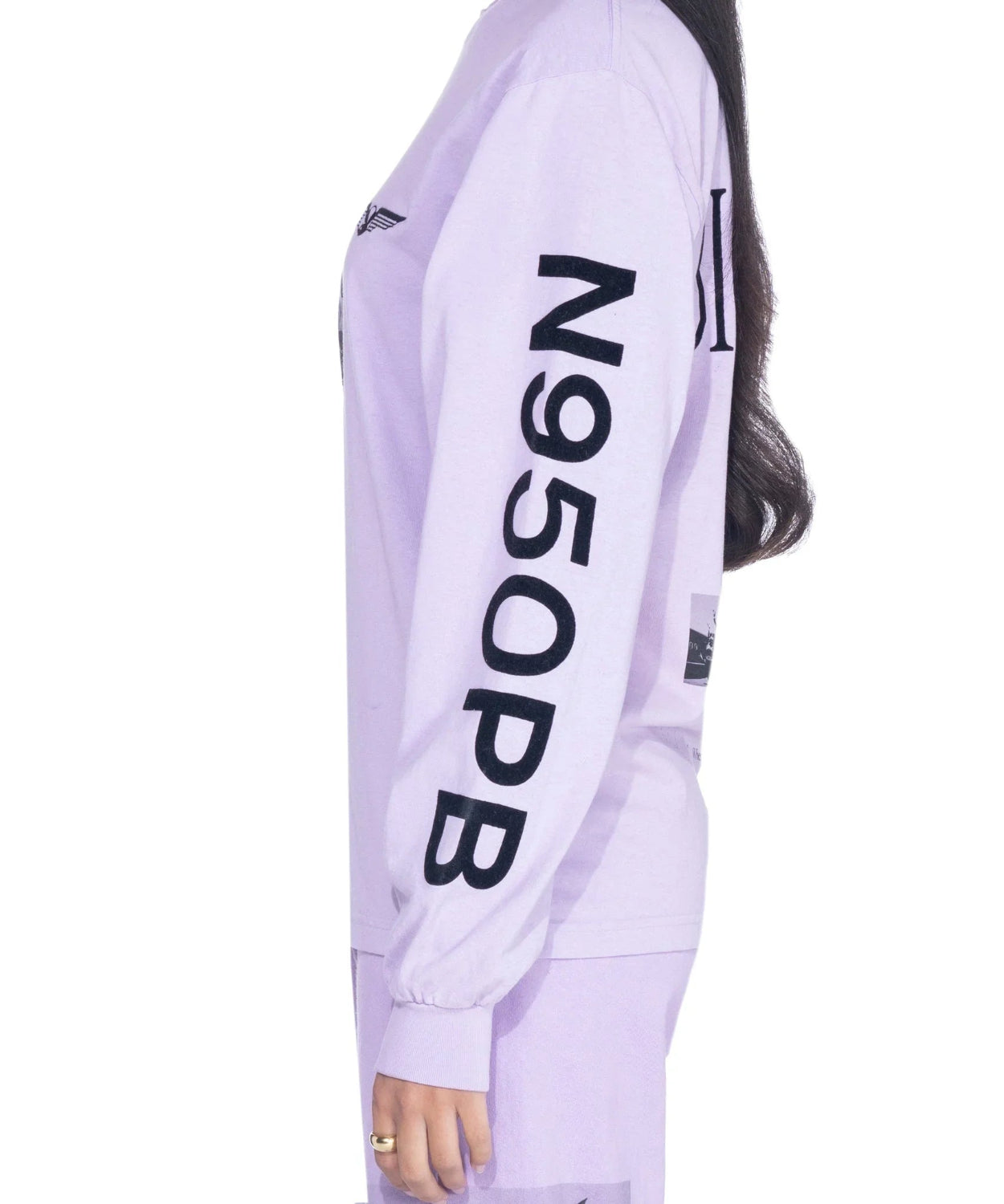 Lavender long sleeve t-shirt with N950PB text and aviation wing graphic on sleeve