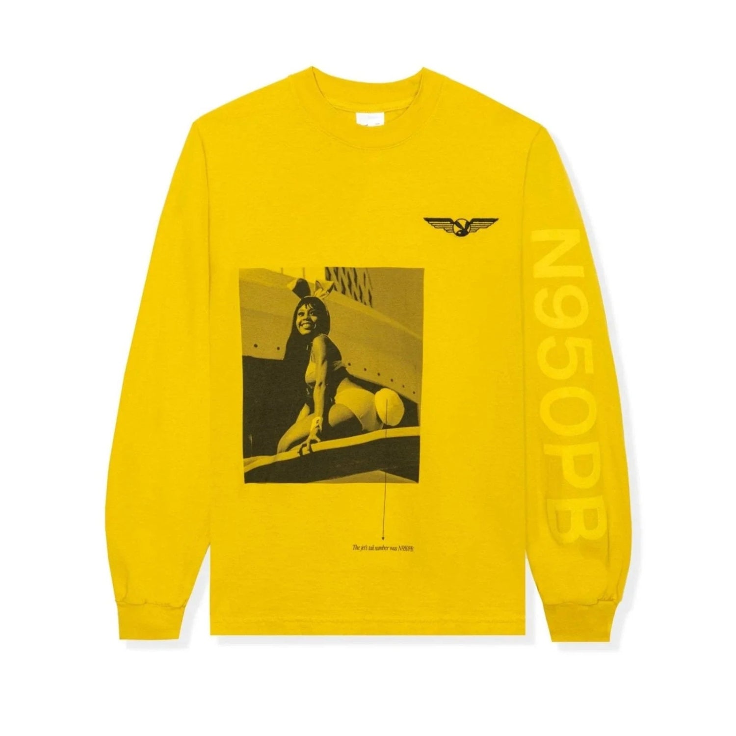 Yellow long sleeve t-shirt featuring vintage pin-up graphic, aviation wings logo, and N950PB text sleeve print.