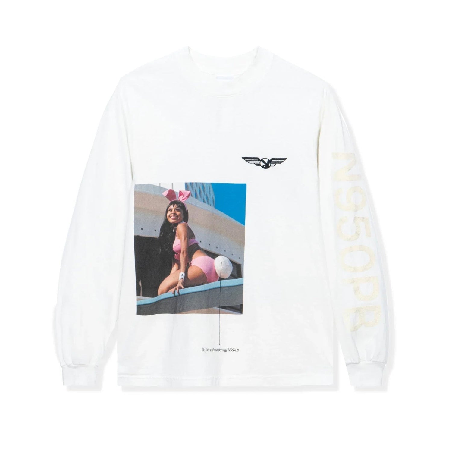 White long sleeve t-shirt with graphic of woman in pink costume, aviation wings logo, and N950PB text on sleeve