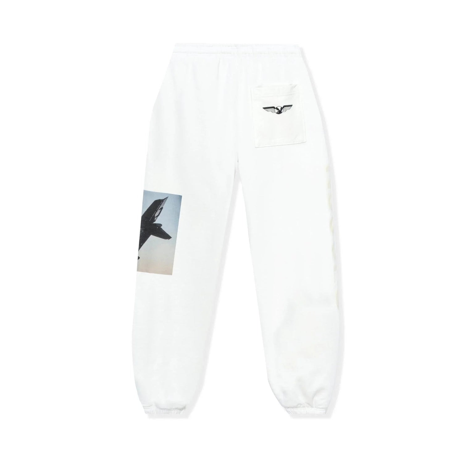 White sweatpants with aviation graphic and wings logo, elastic waistband and cuffs