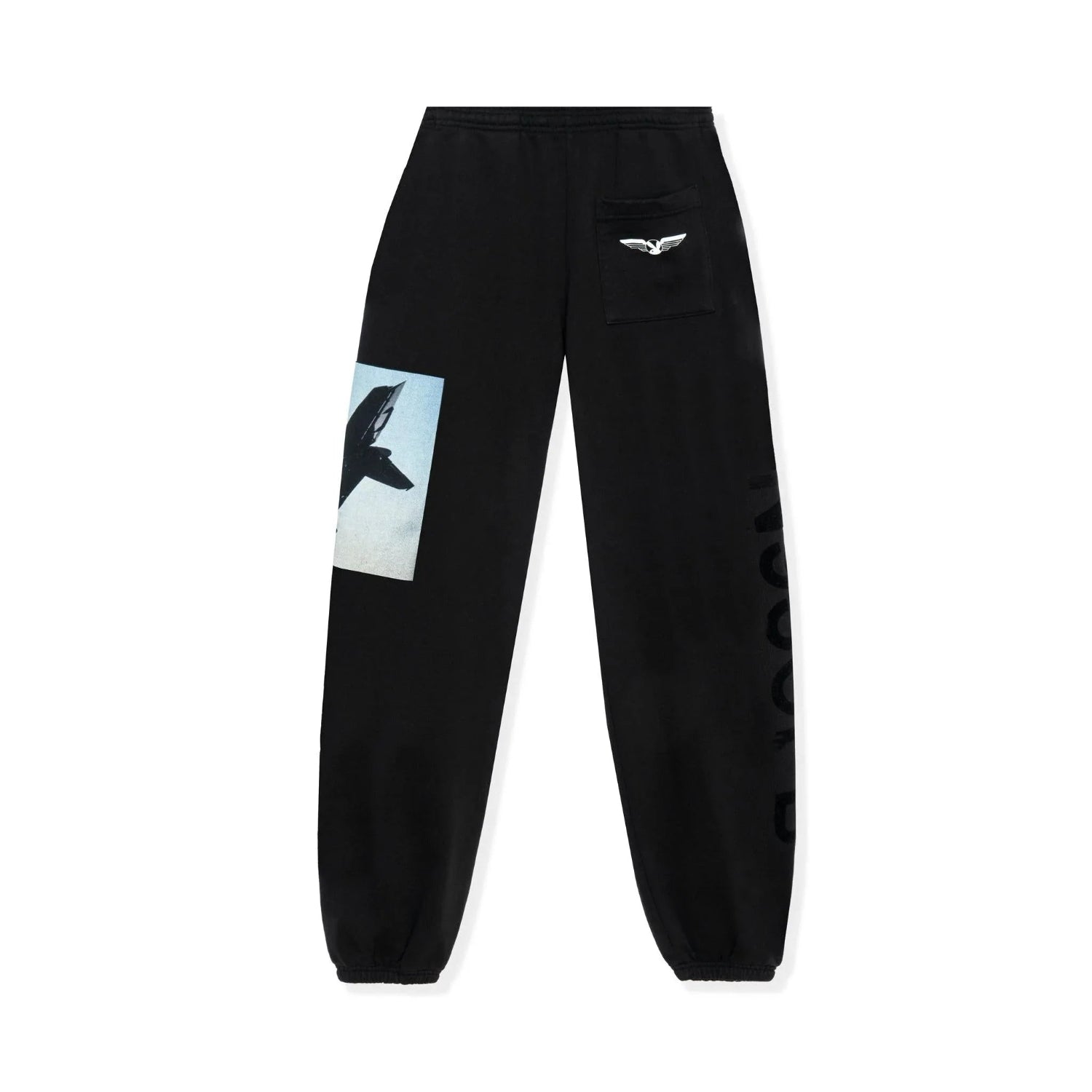 Black sweatpants with aviation wings logo on pocket and jet graphic on left leg