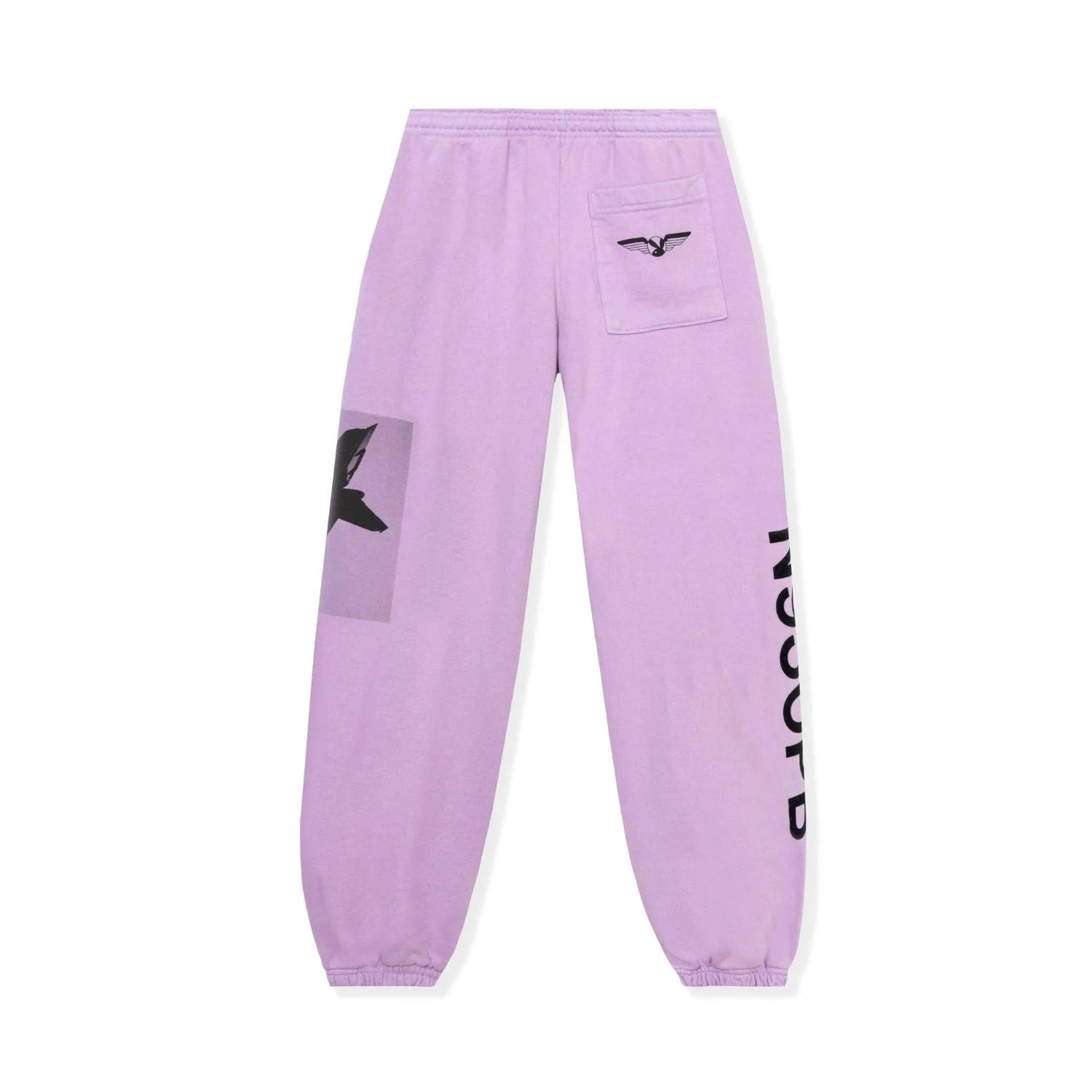 Lavender sweatpants with aviation wings graphic, black pocket logo and N950PB text on leg