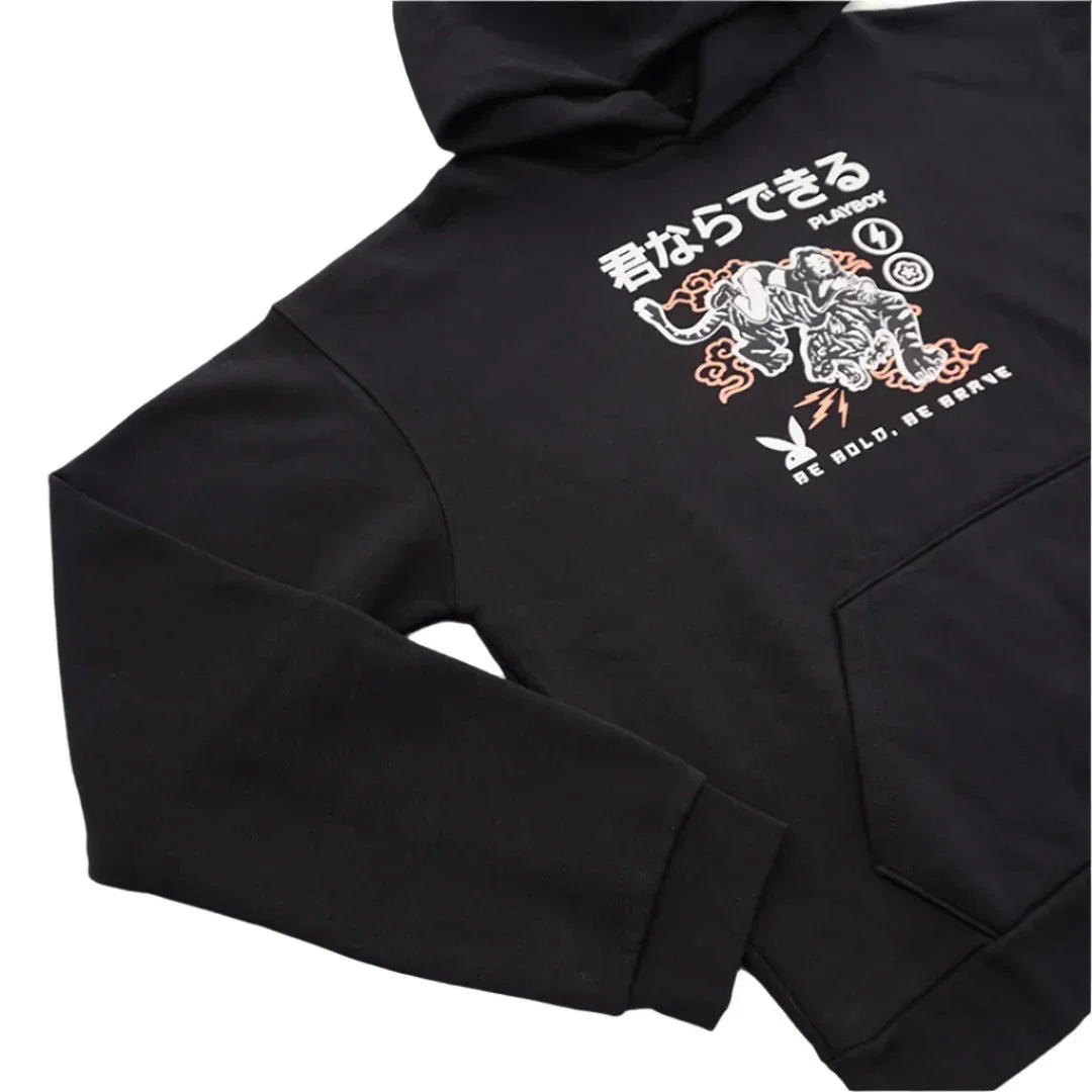 Black hoodie with bold tiger graphic, Japanese text, and 'Be Bold, Be Brave' motif on front.