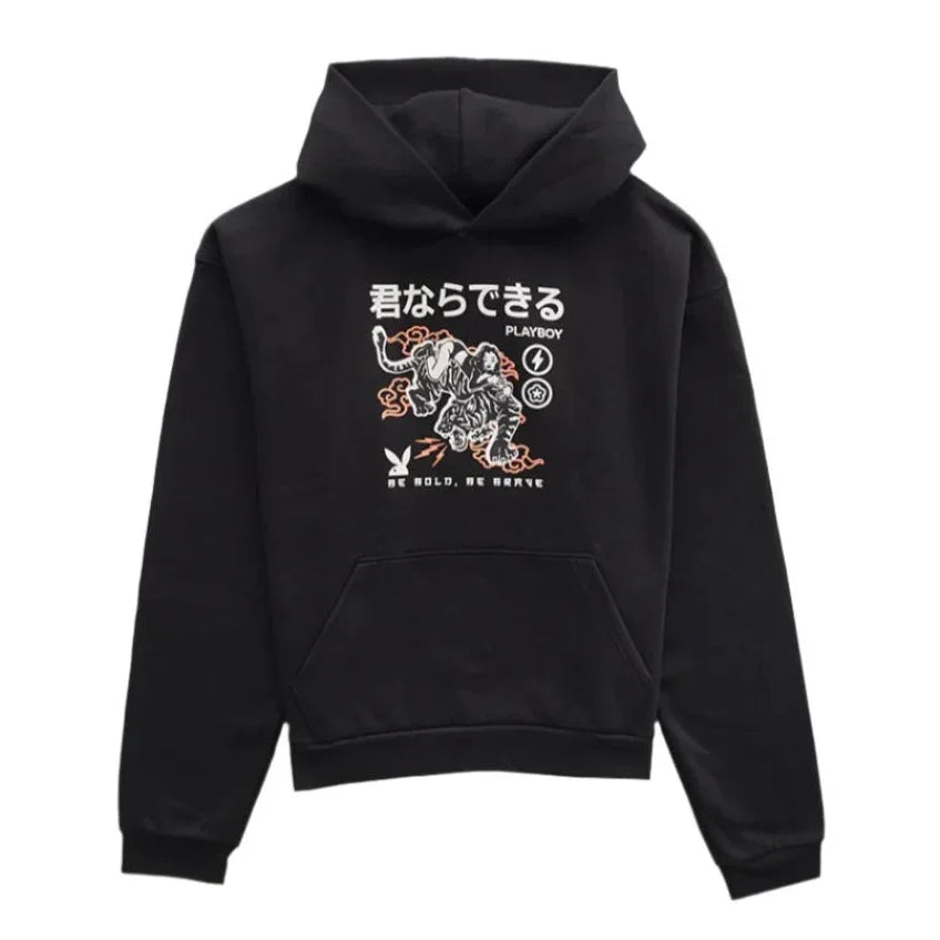 Black hoodie with tiger and Japanese text graphic, front pouch pocket, streetwear style