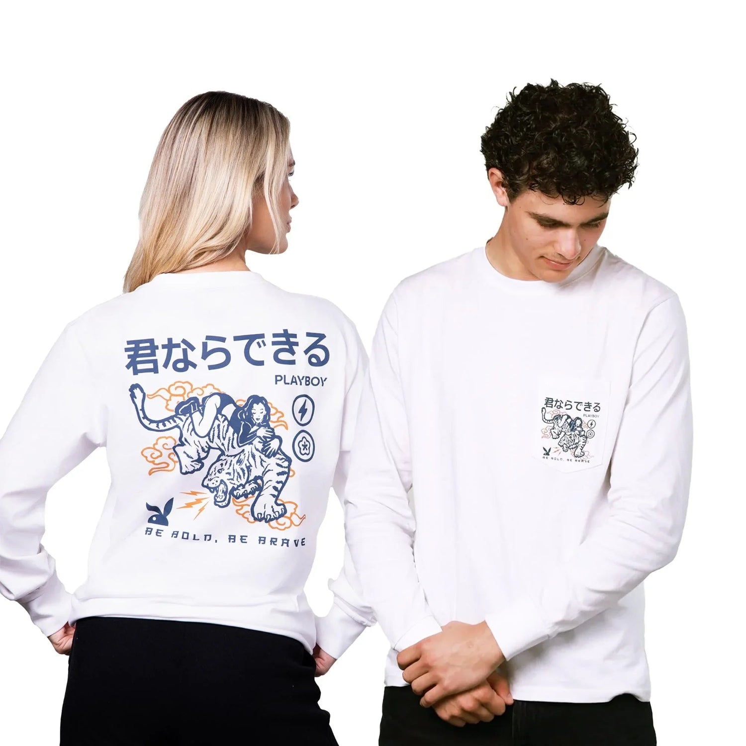 White long sleeve tee with Japanese text, tiger and woman graphic, Be Bold Be Brave design, worn by male and female models.