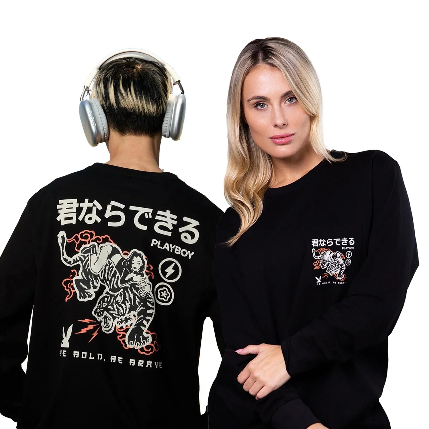Two people wearing black graphic long sleeve tees with Japanese text, tiger, and woman print