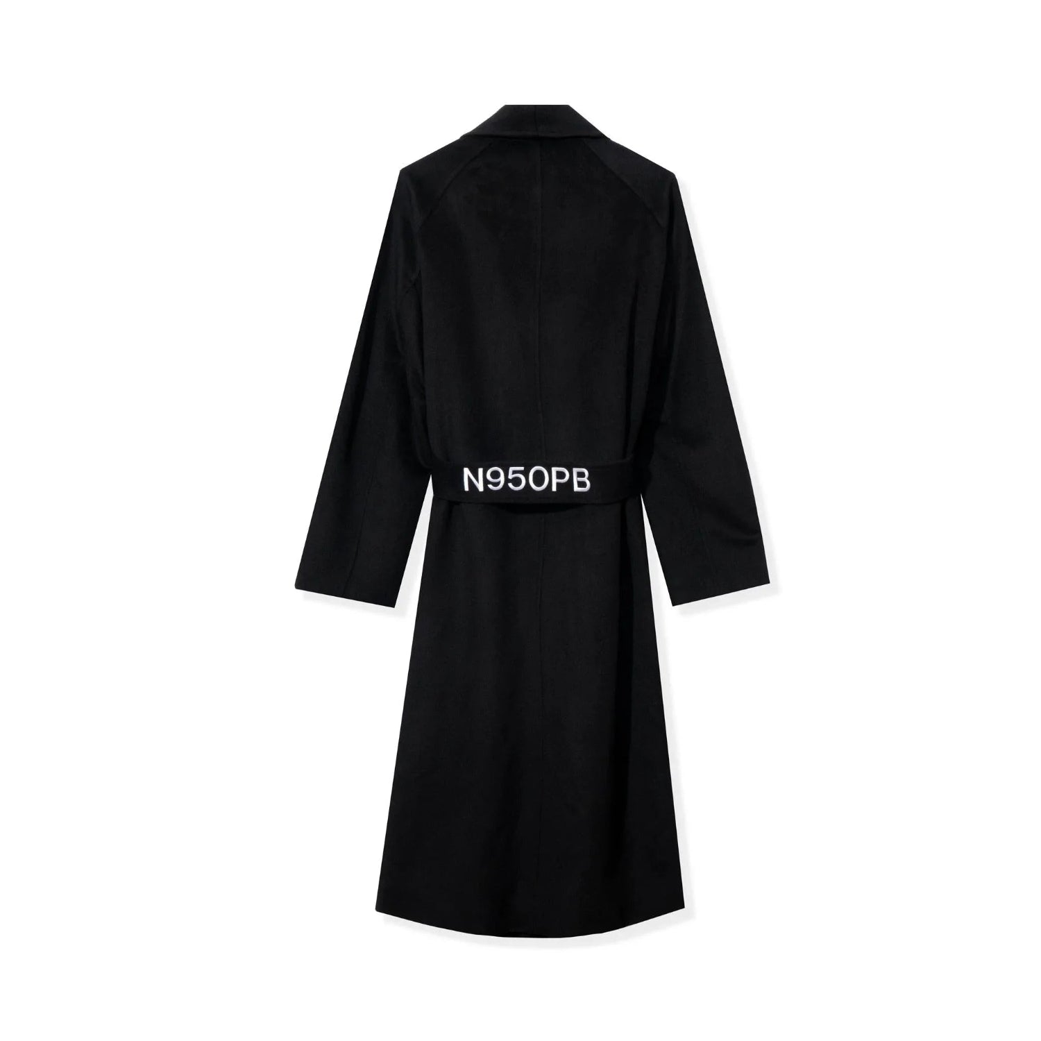Black long wool robe coat with belted waist and N95OPB text on the back