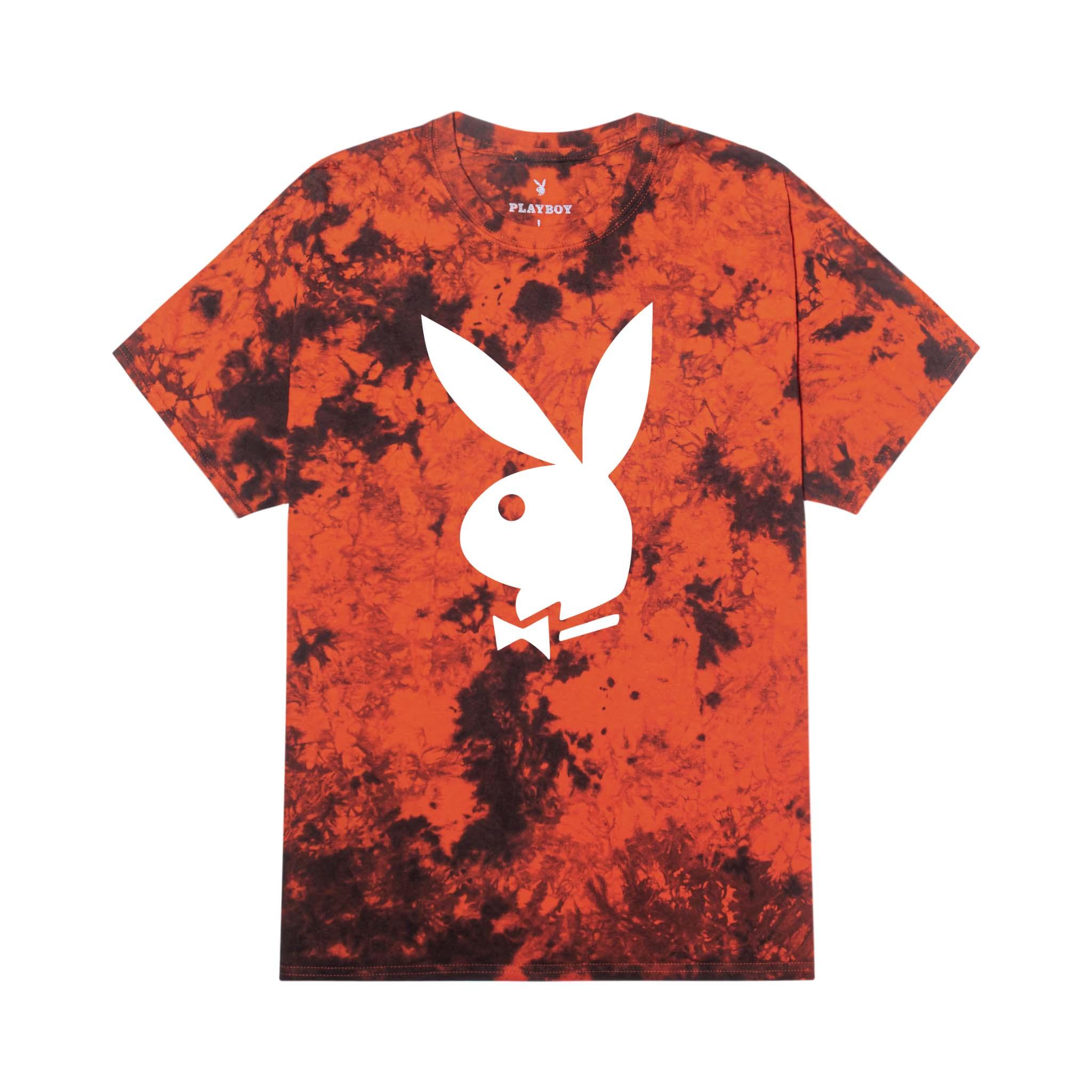 Orange and black tie-dye t-shirt with large white bunny head graphic on front
