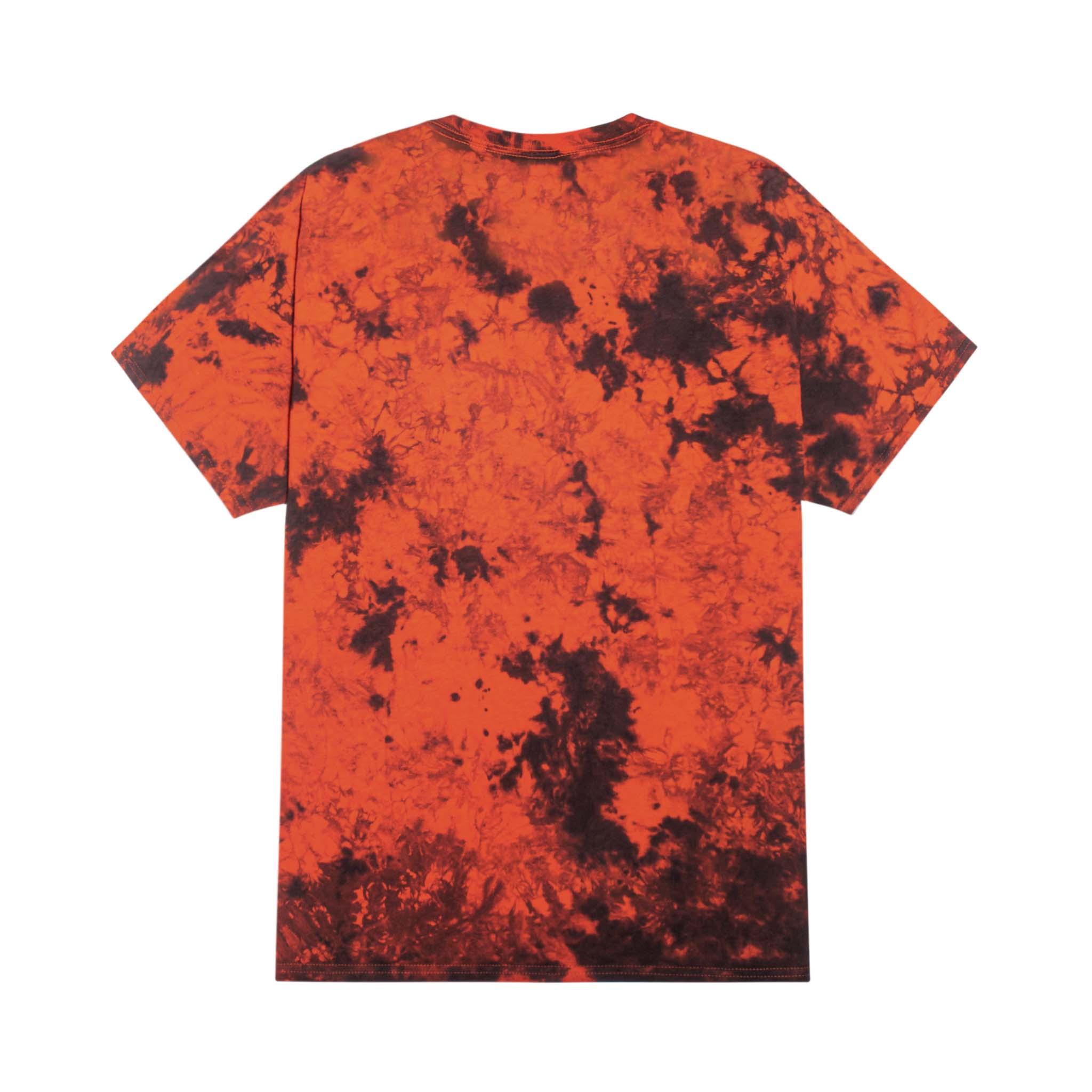 Orange and black tie-dye short sleeve t-shirt, back view, casual streetwear style