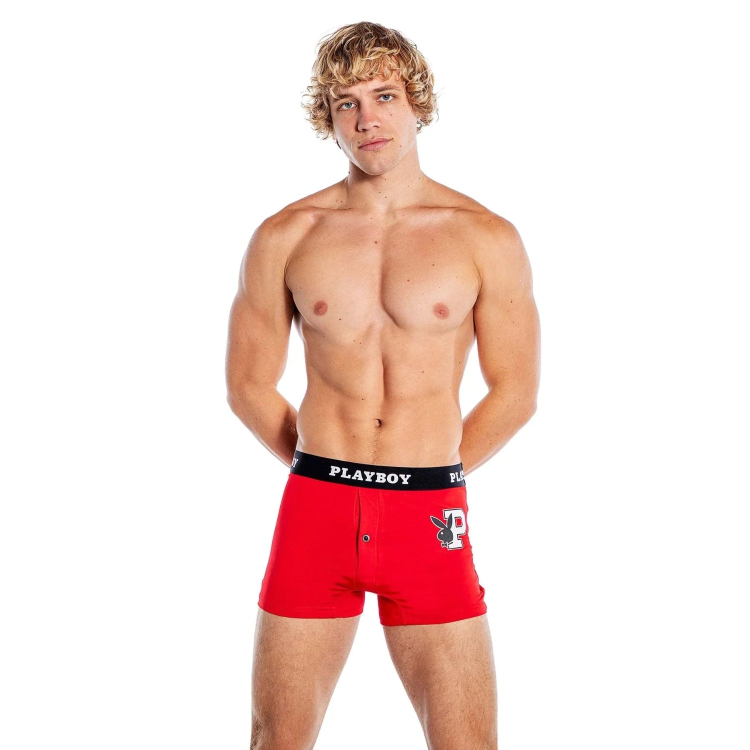 Male model in red boxer briefs with PLAYBOY logo waistband and letter P graphic on front