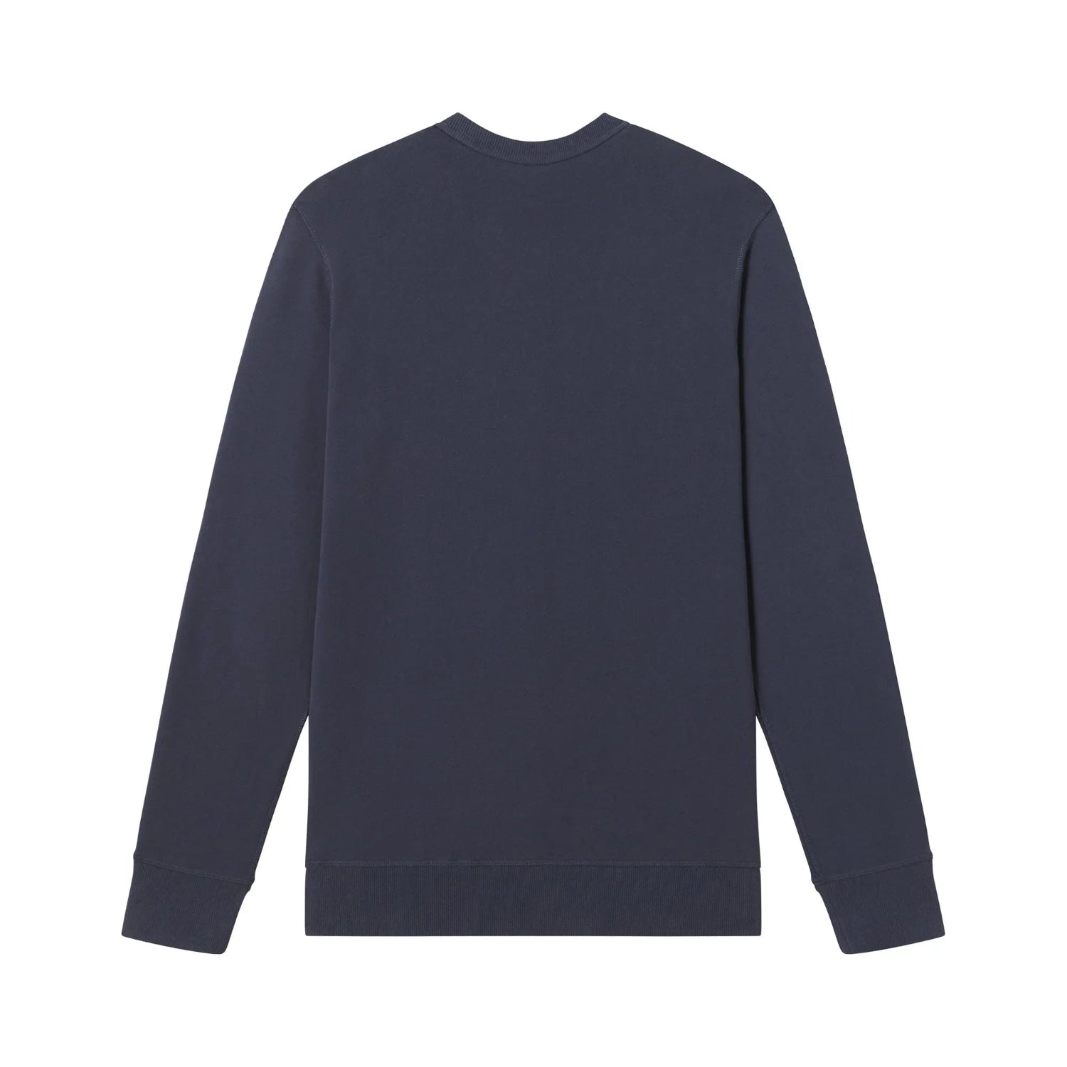 Back view of a plain navy crewneck sweatshirt with long sleeves