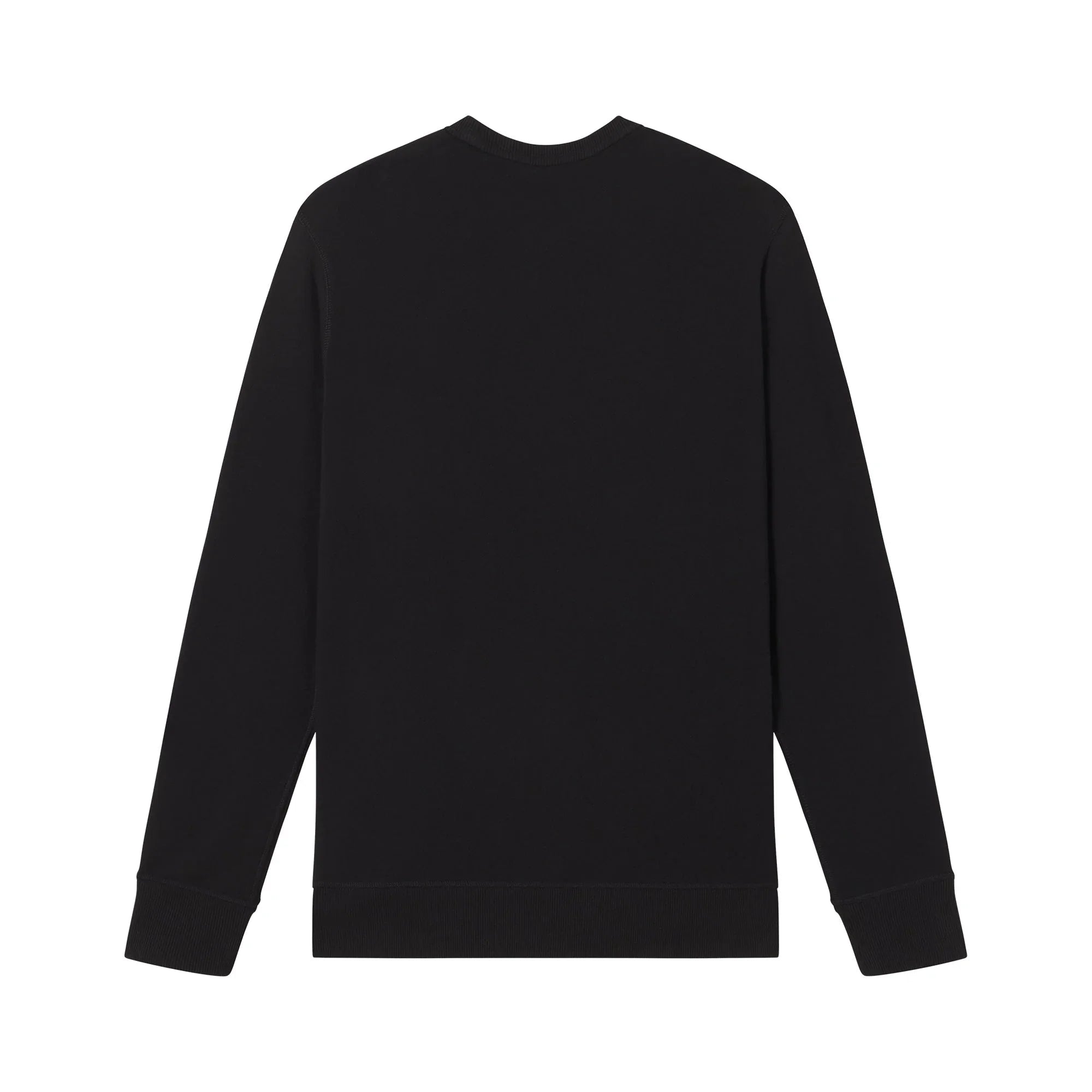 Black crewneck sweatshirt with long sleeves, plain back view on white background