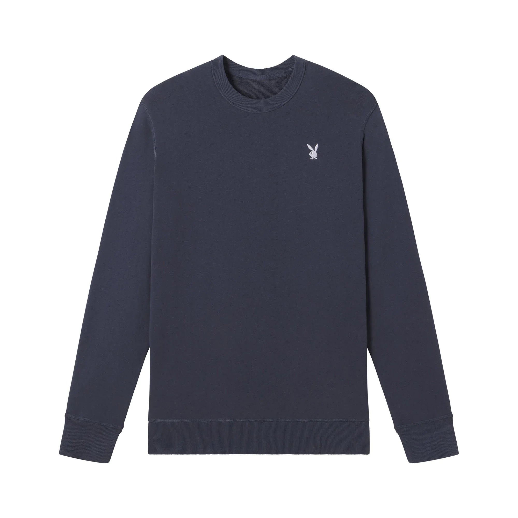 Navy blue crewneck sweatshirt with small white bunny logo on chest, long sleeves, minimalist style