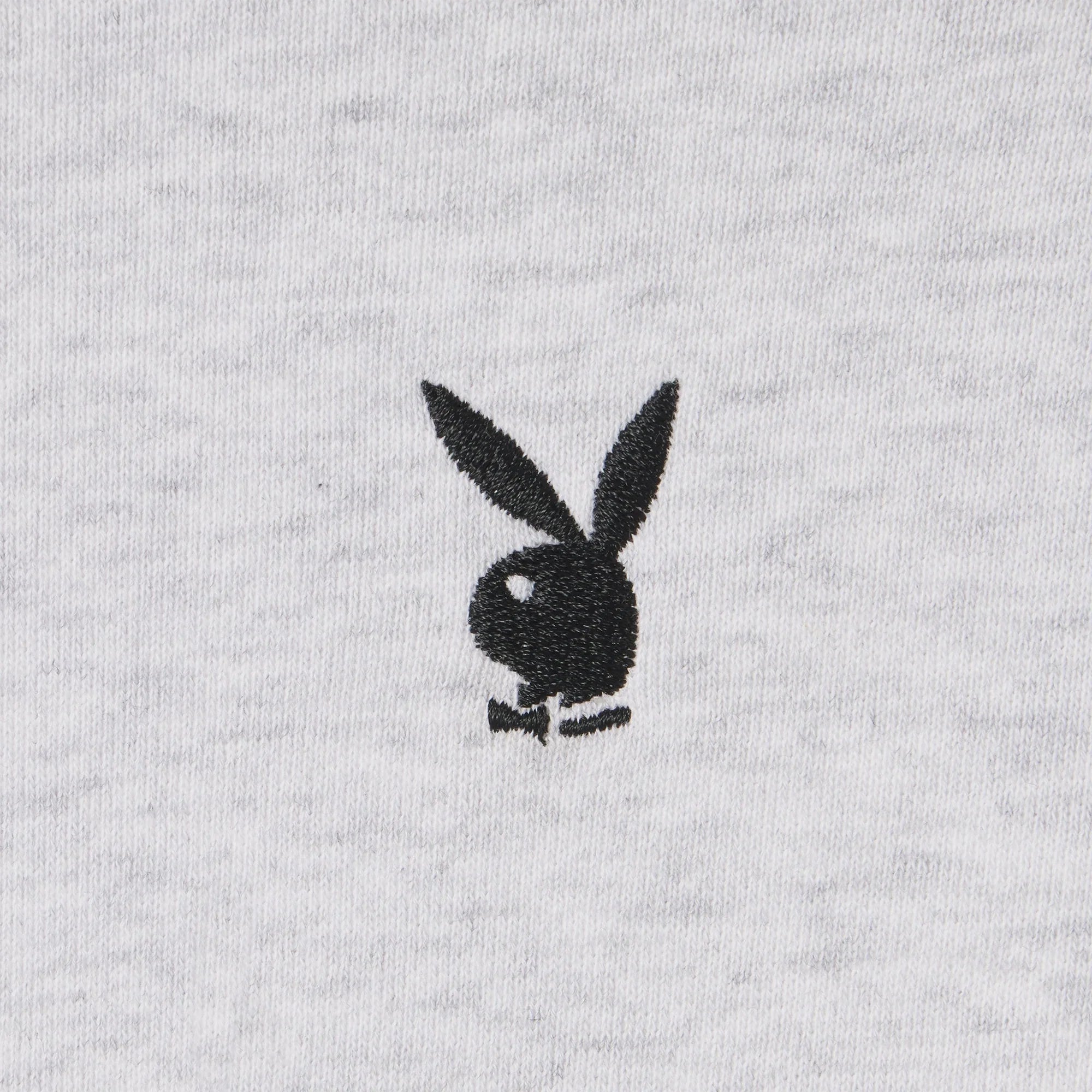Gray crewneck sweatshirt with embroidered black rabbit head logo detail