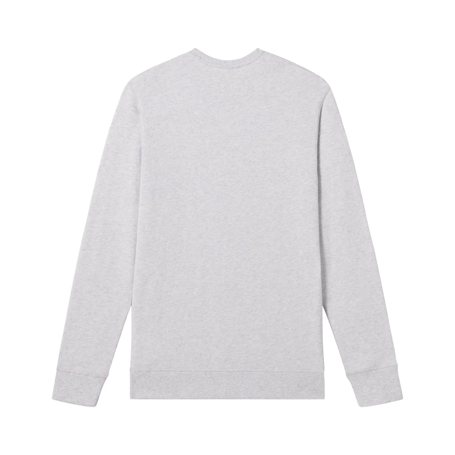 Back view of a light grey crewneck sweatshirt with long sleeves and ribbed cuffs