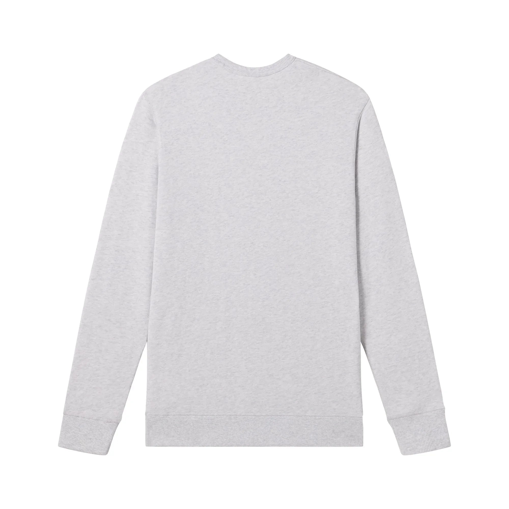 Back view of a light grey crewneck sweatshirt with long sleeves and ribbed cuffs