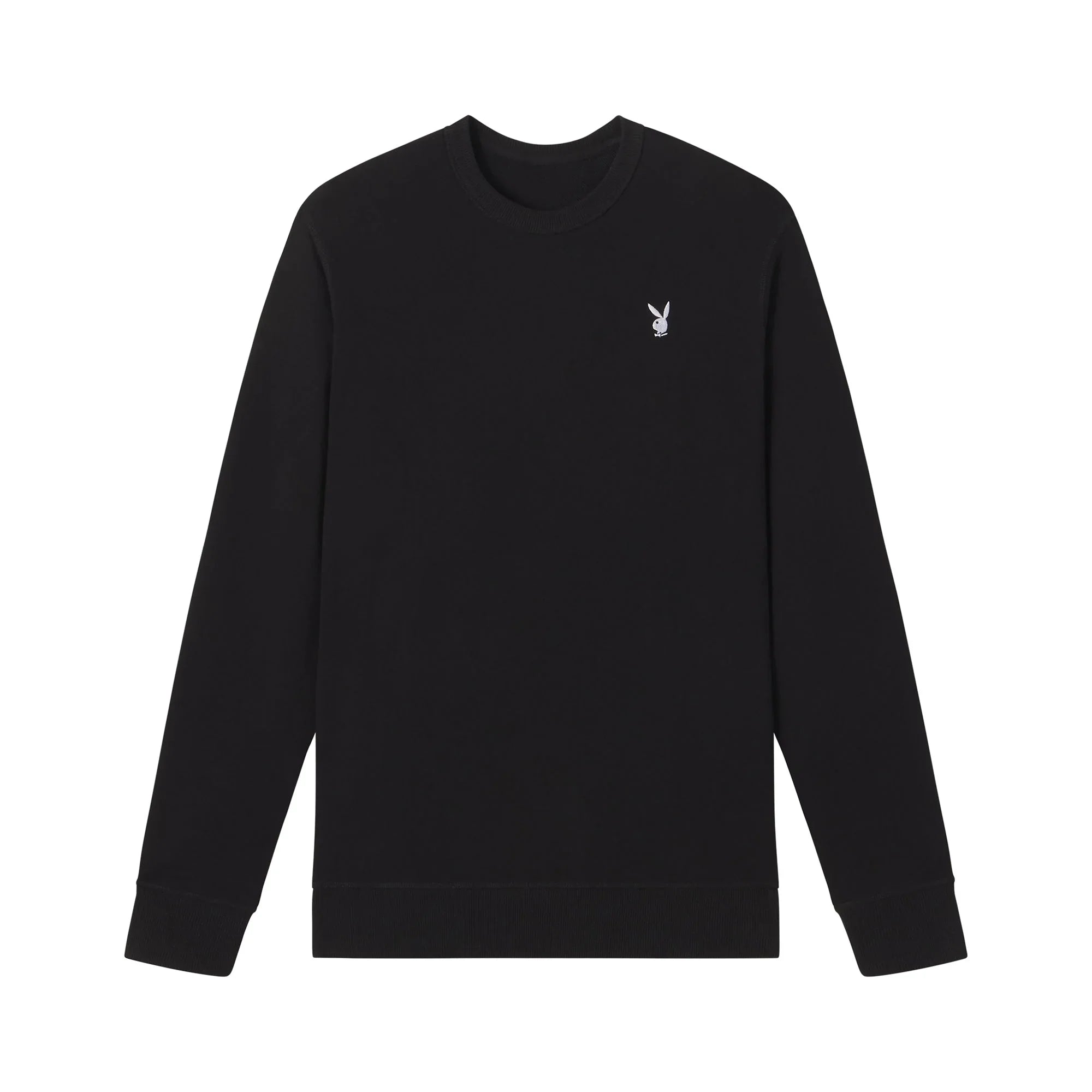 Black crewneck sweatshirt with small white bunny logo on chest, long sleeves, unisex style