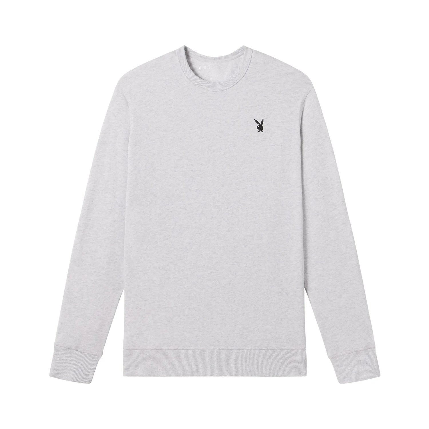 Light grey crewneck sweatshirt with small black bunny logo on chest, long sleeves, flat lay