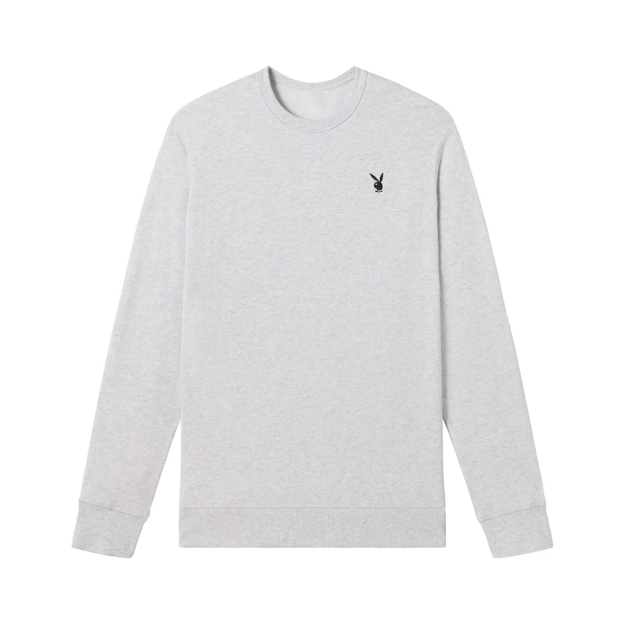Light grey crewneck sweatshirt with small black bunny logo on chest, long sleeves, flat lay