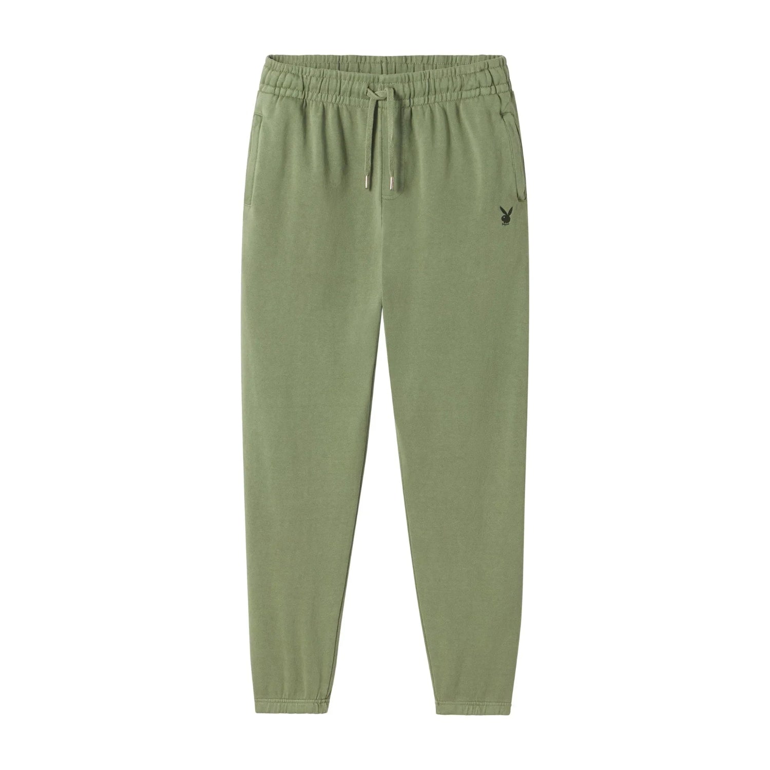 Olive green sweatpants with drawstring waist and small black bunny logo on left pocket.