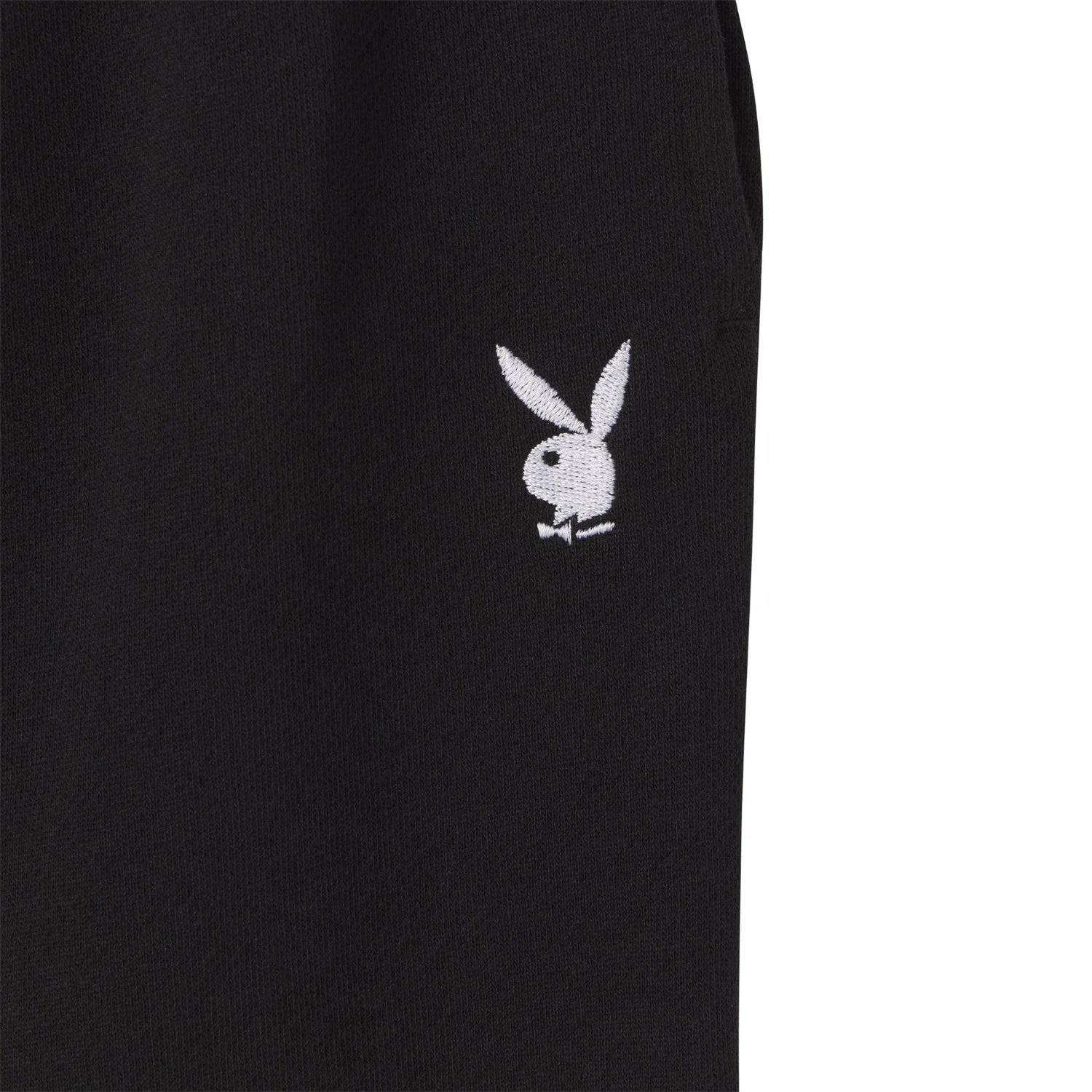 Black sweatpants with white bunny logo embroidery on the pocket area