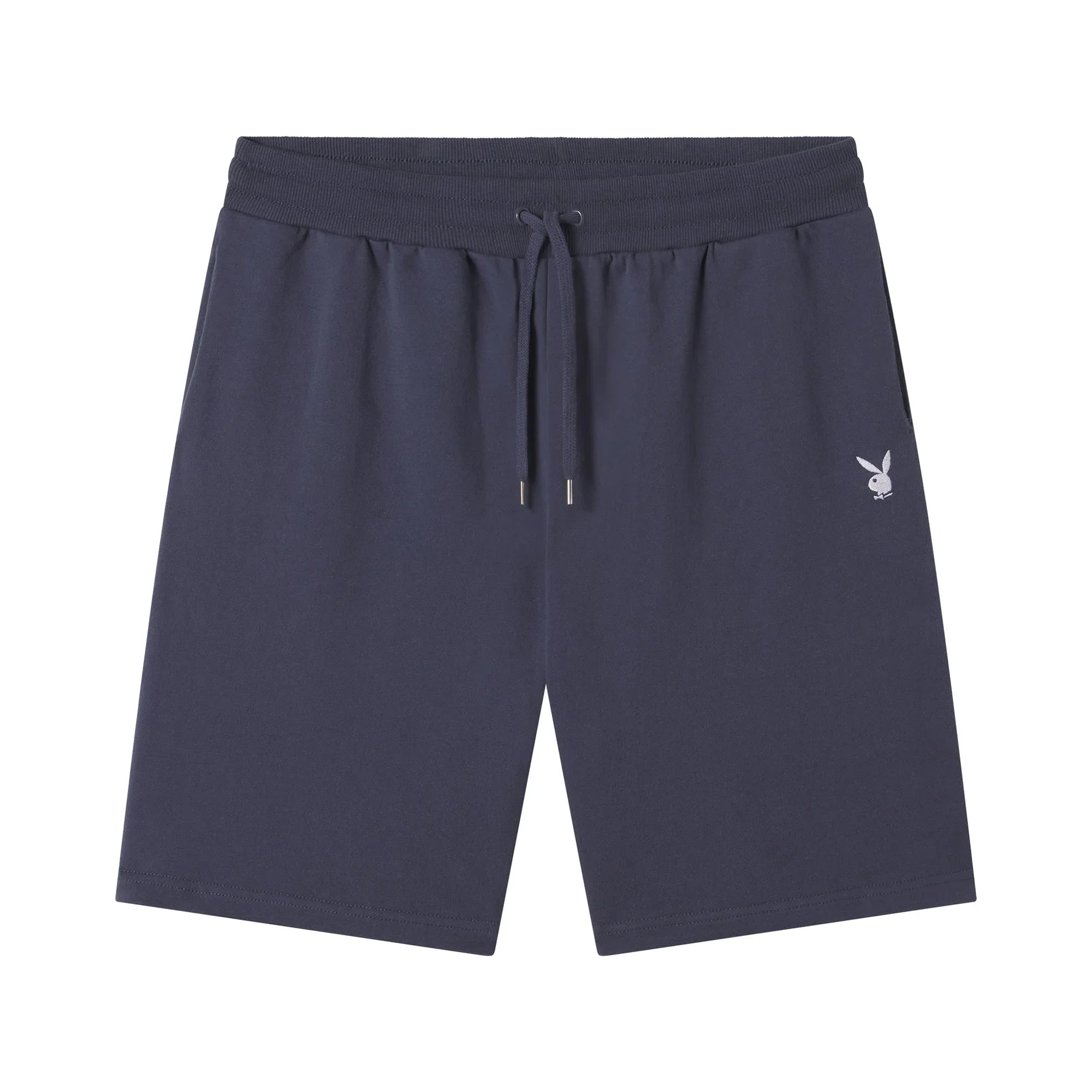 Navy blue men's sweatshorts with drawstring waist and white bunny logo on left leg