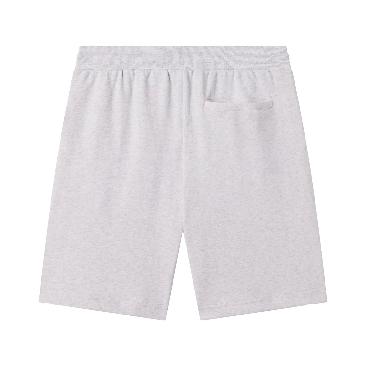 Light grey sweatshorts with elastic waistband and back pocket, laid flat on white background