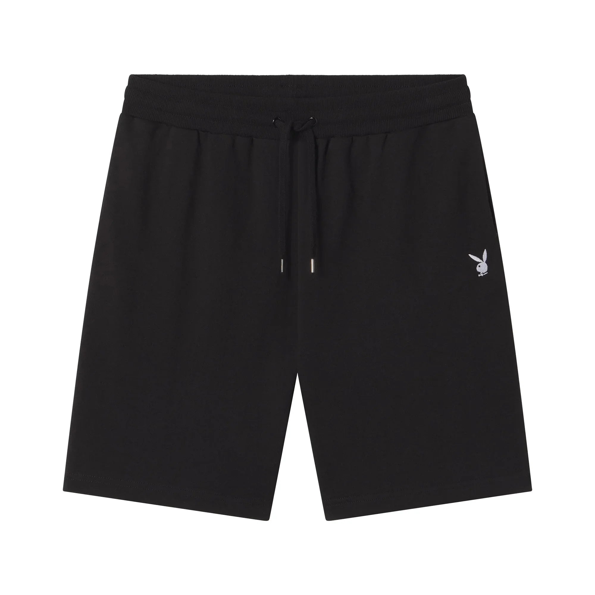 Black sweatshorts with white bunny logo embroidery and drawstring waistband