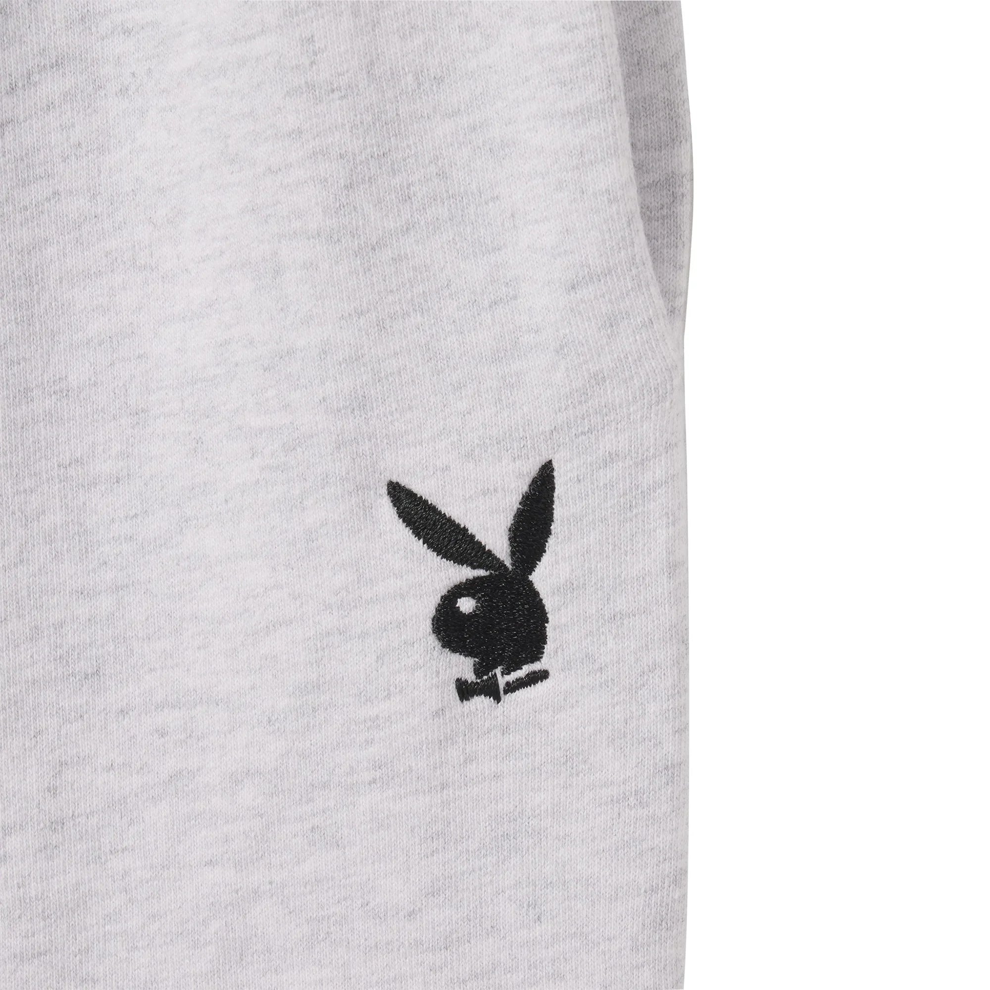 Light grey sweatshort fabric with black bunny logo embroidery detail