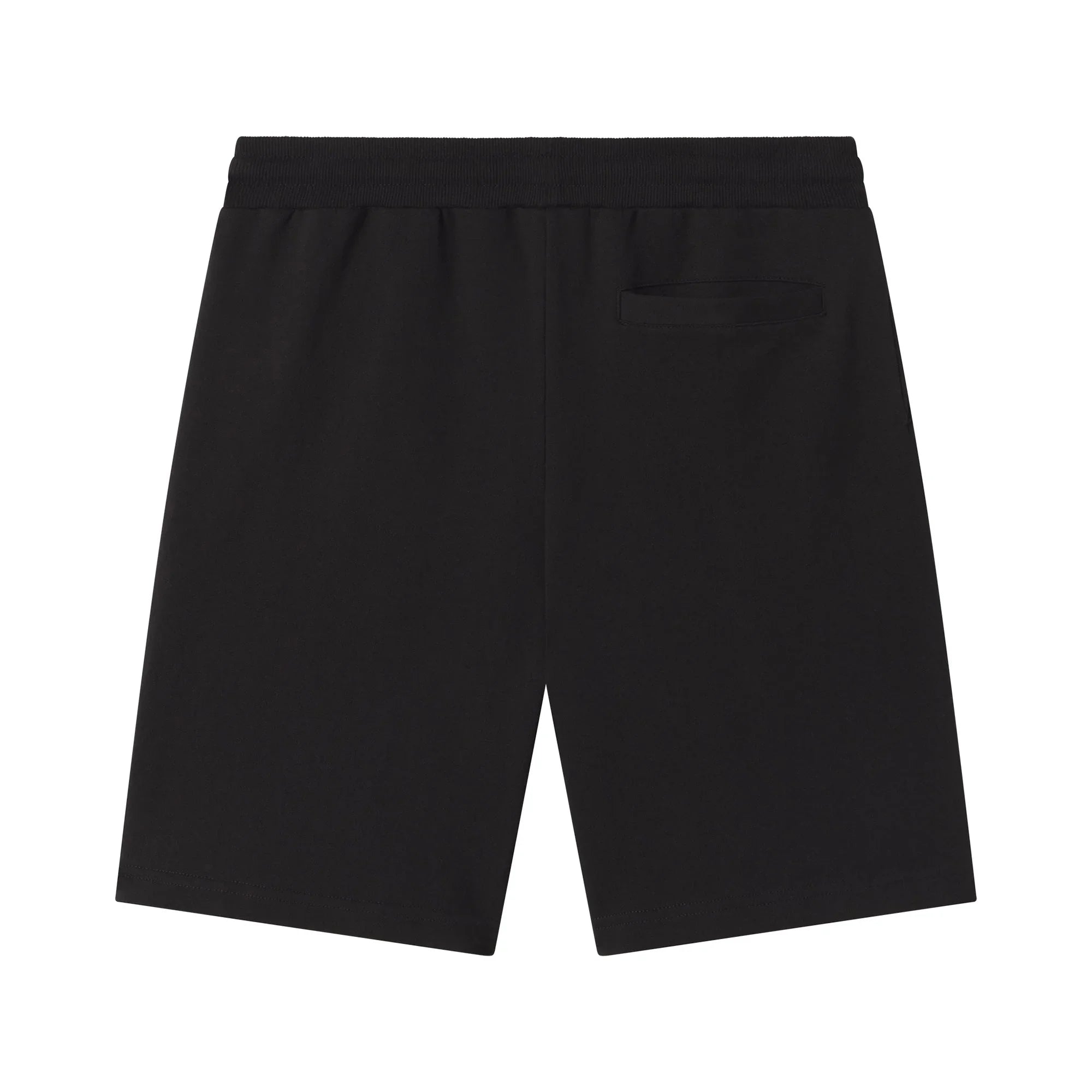 back view of basic black sweatshorts with single back pocket on plain white background
