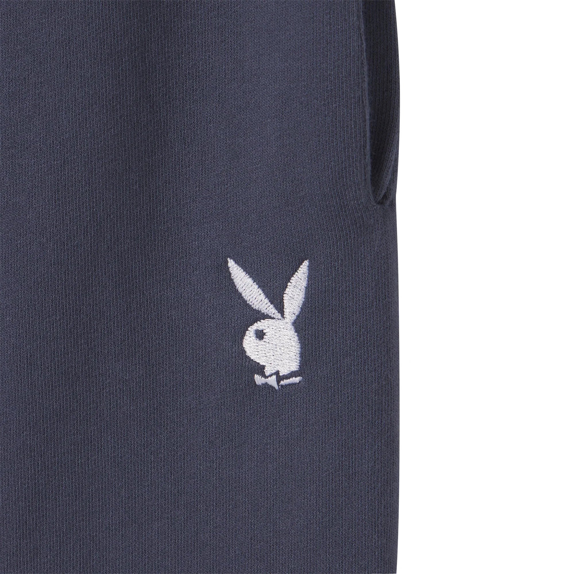 Navy sweatshort with white embroidered bunny logo on soft cotton fabric