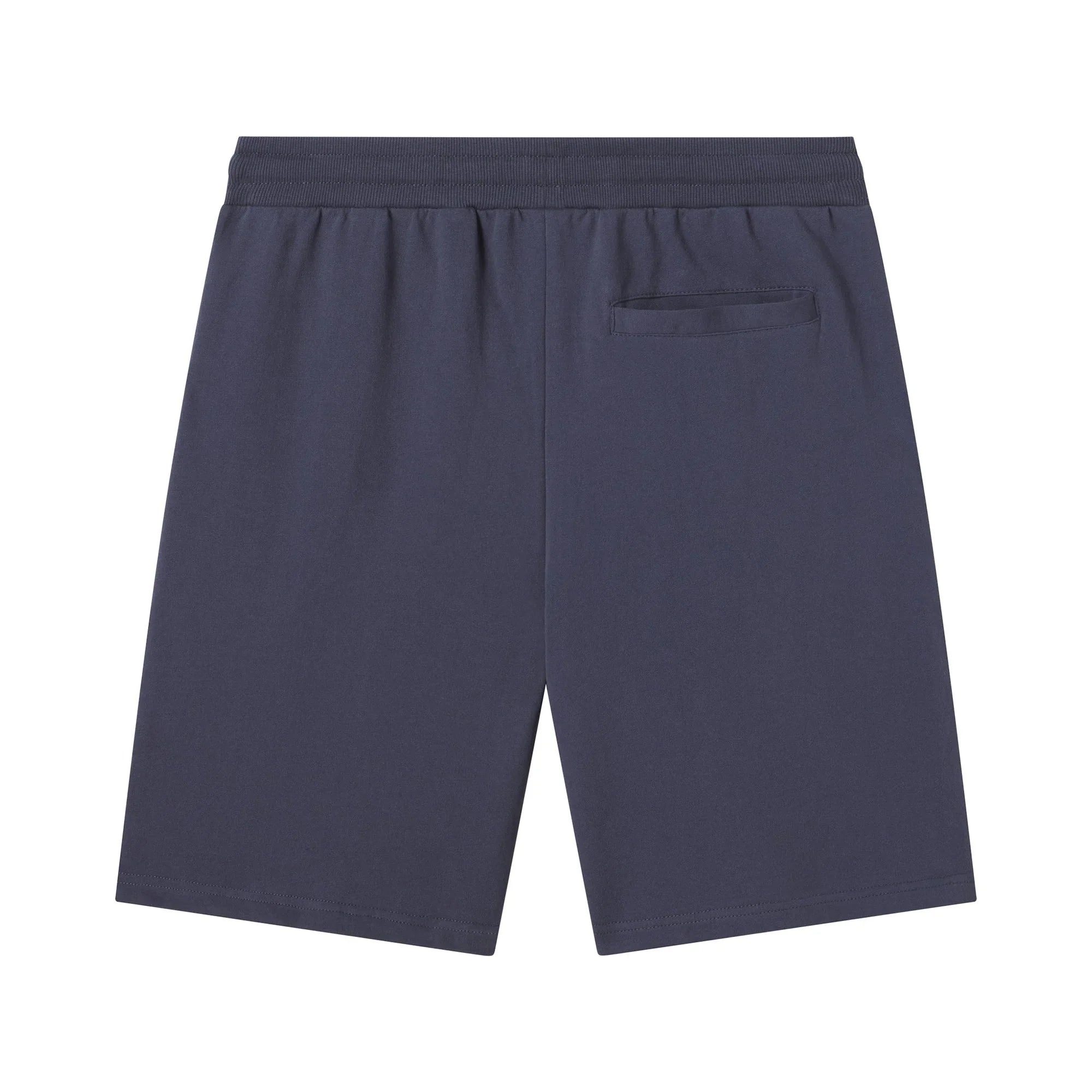 navy blue men's sweatshorts with elastic waistband and single back pocket, flat lay