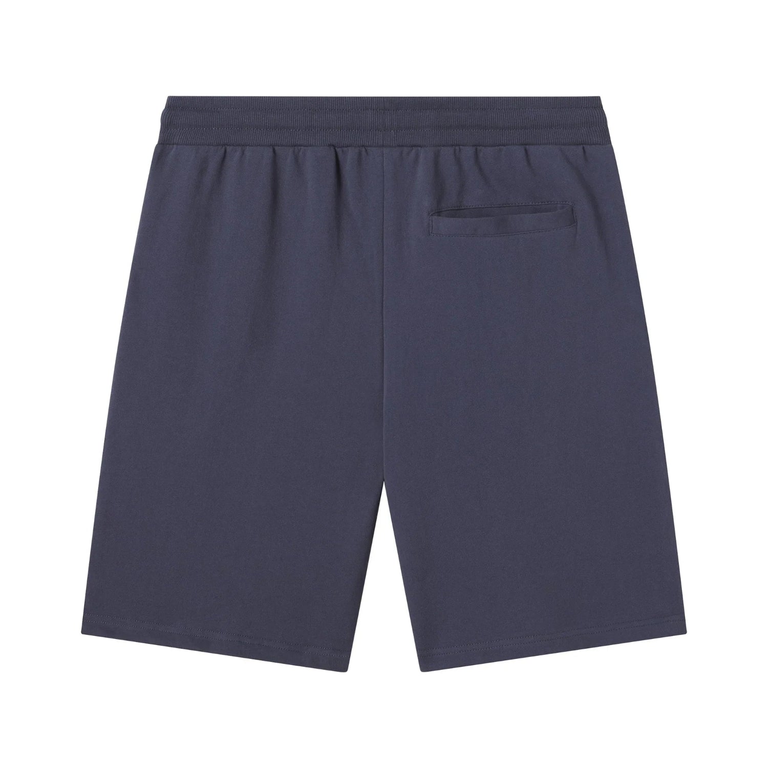 navy blue men's sweatshorts with elastic waistband and single back pocket, flat lay