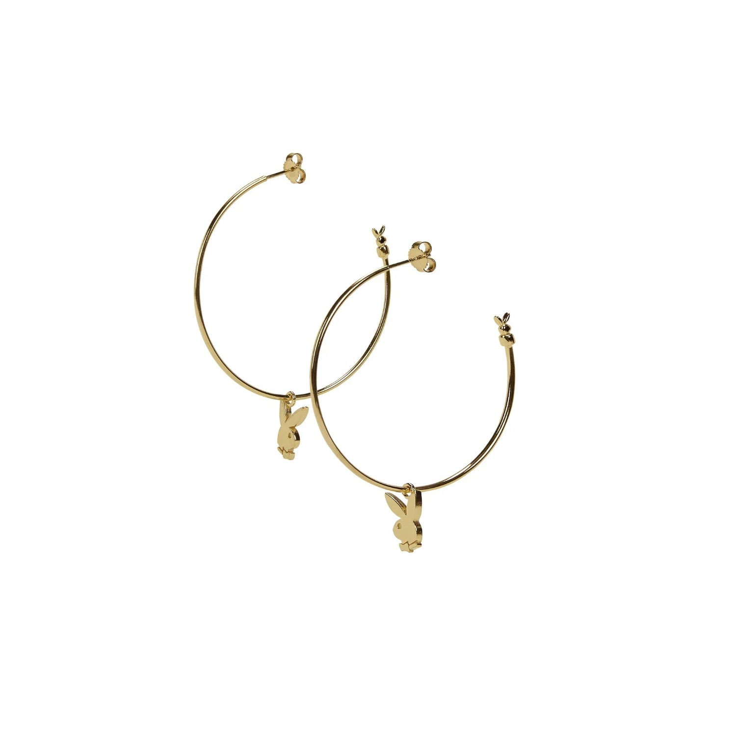 Gold hoop earrings with bunny charms, fashion jewelry on white background