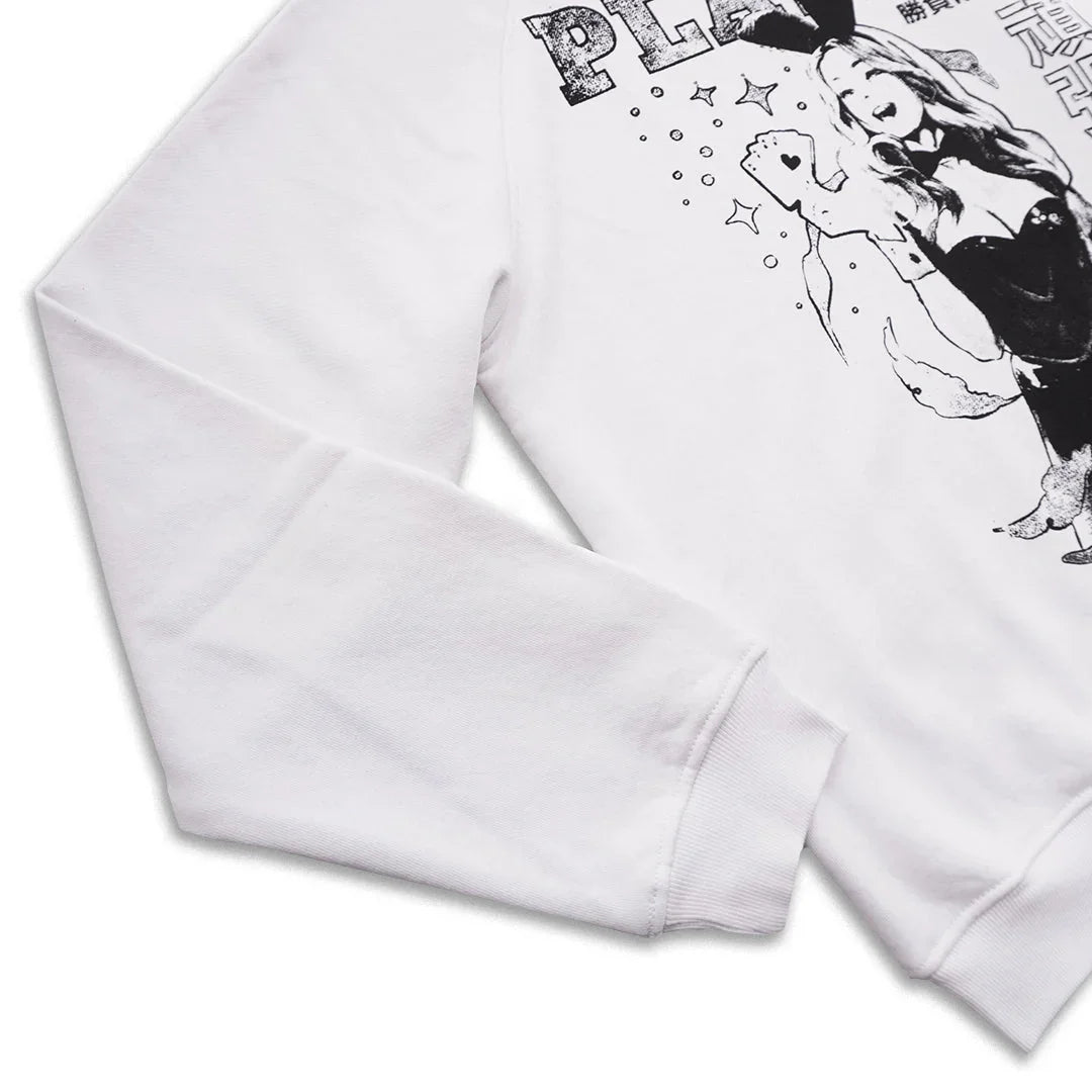 White sweatshirt with black graphic of woman in bunny ears and decorative text on chest