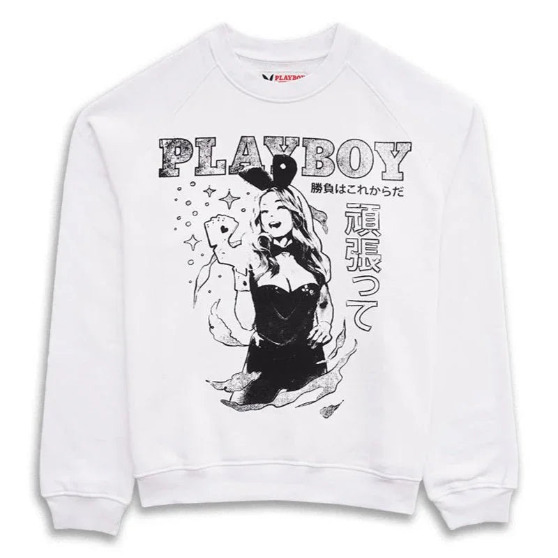White sweatshirt with black graphic of a woman in bunny ears, star accents, and Japanese text