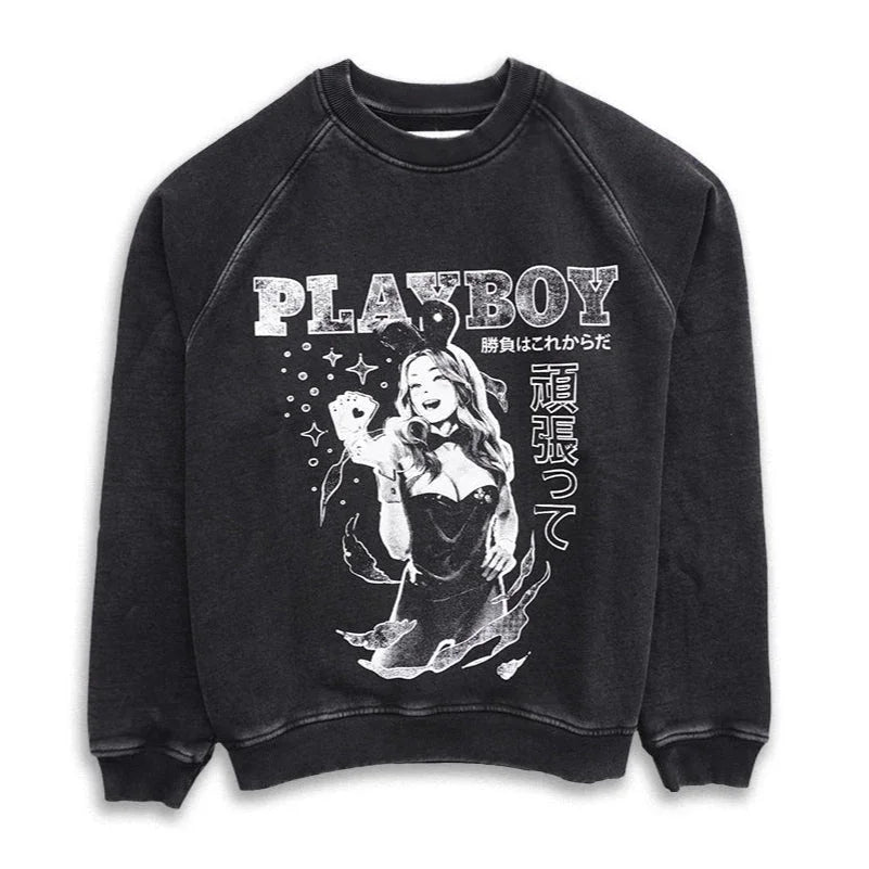 Black sweatshirt with graphic of woman in bunny outfit, large PLAYBOY text, and Japanese characters.