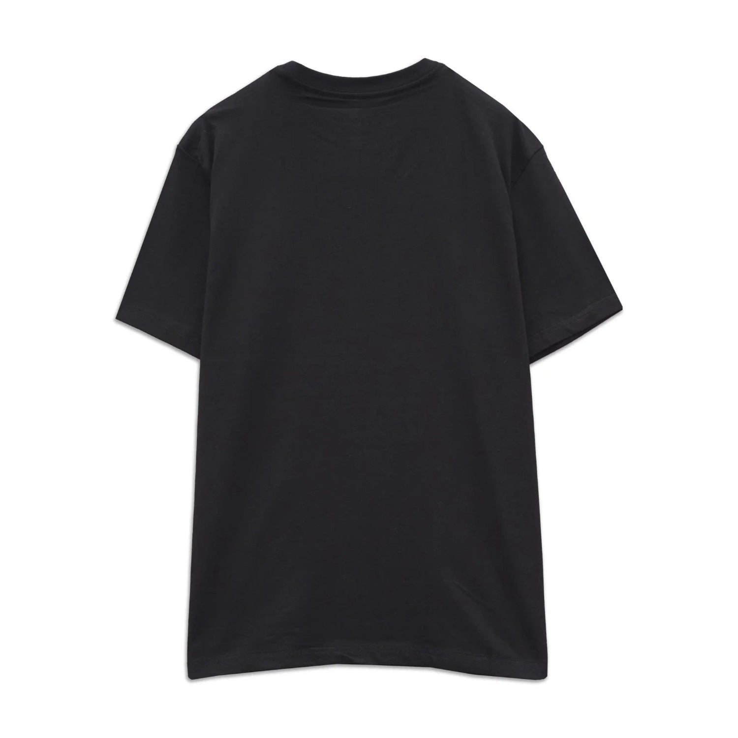 Back view of plain black short sleeve unisex t-shirt on white background